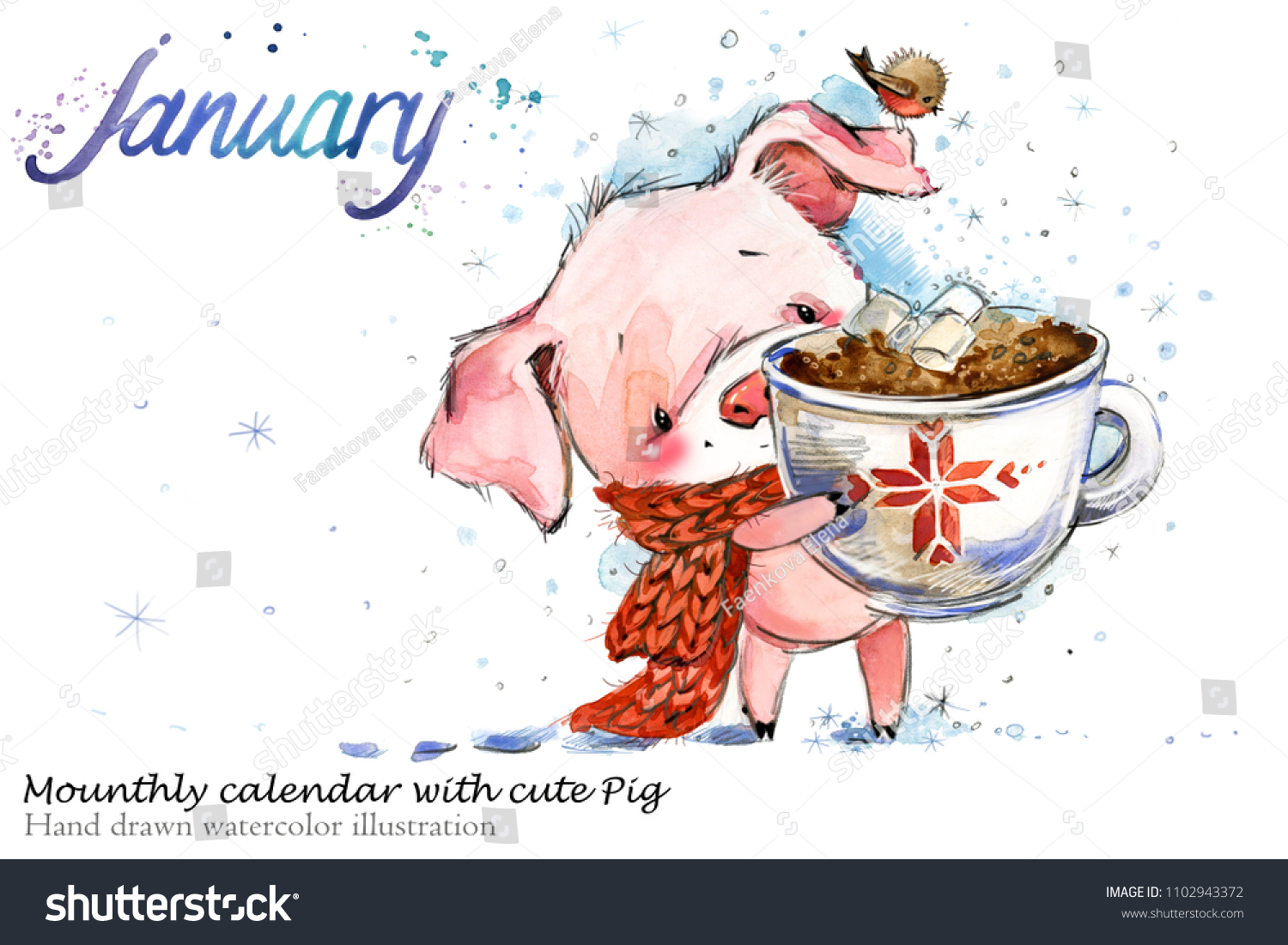 かわいい豚手描きの水彩イラスト 鳩月暦1月 のイラスト素材
