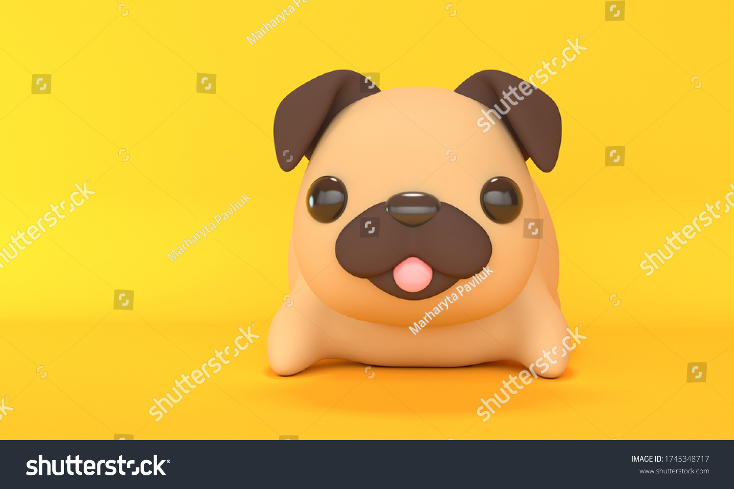 黄色い背景にピンクの舌を持つかわいいパグおもちゃ 漫画のキャラクター 3dレンダリング のイラスト素材