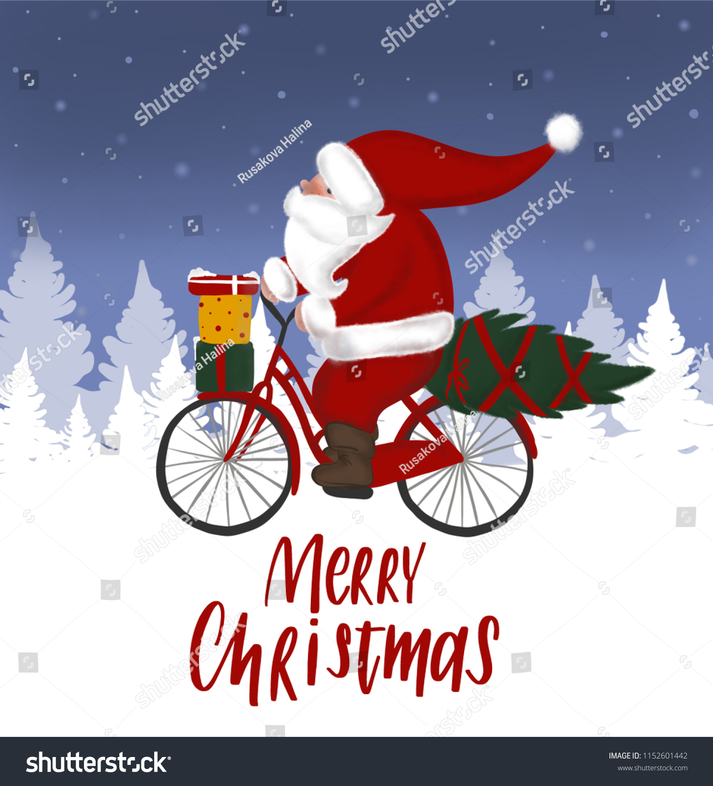 Ansichtskarte Santa Claus with bicycle Weihnachtsmann mit Transportfahrrad 