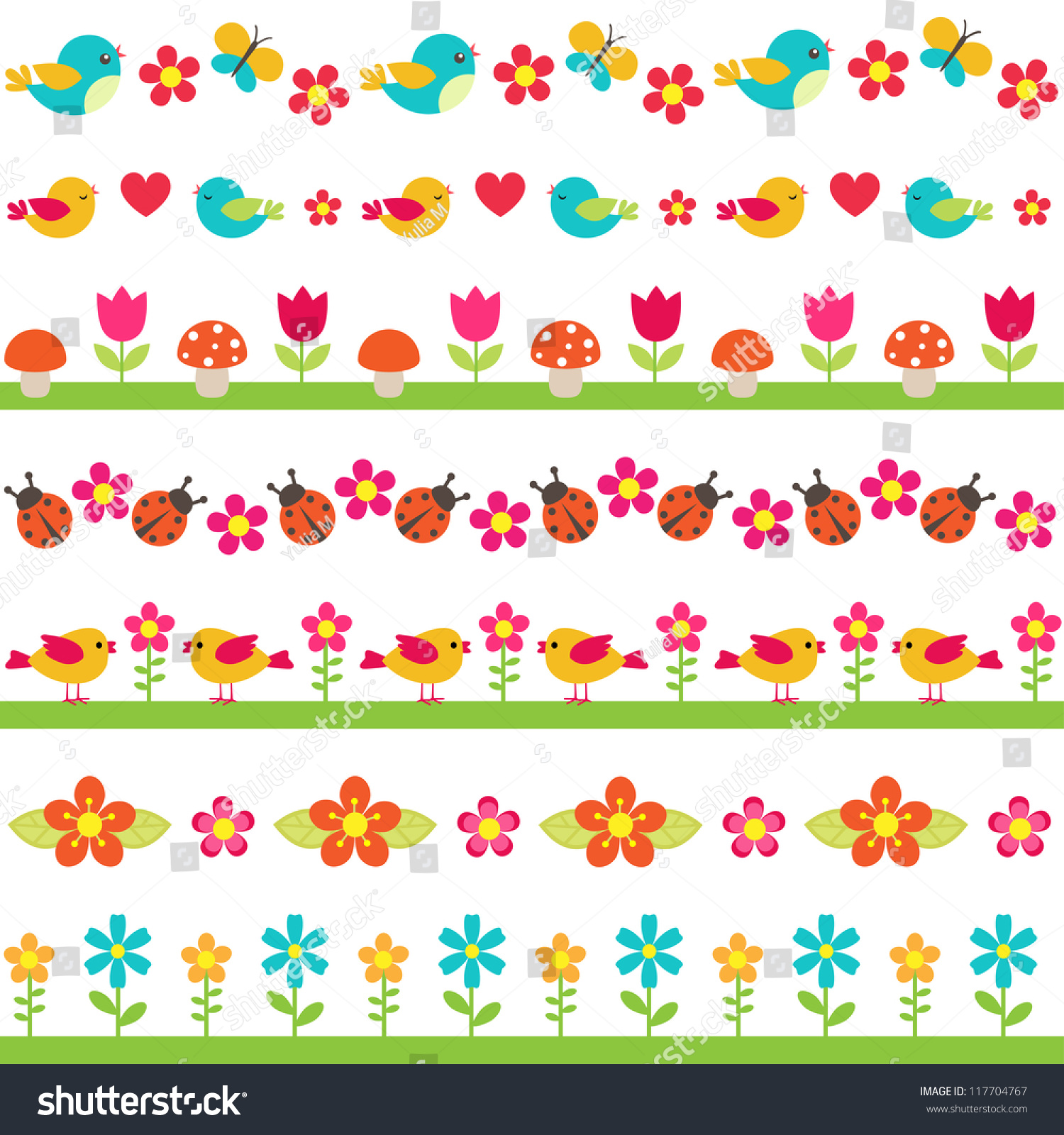 Cute Seamless Borders With Birds And Flowers. Raster Version. Stock ...