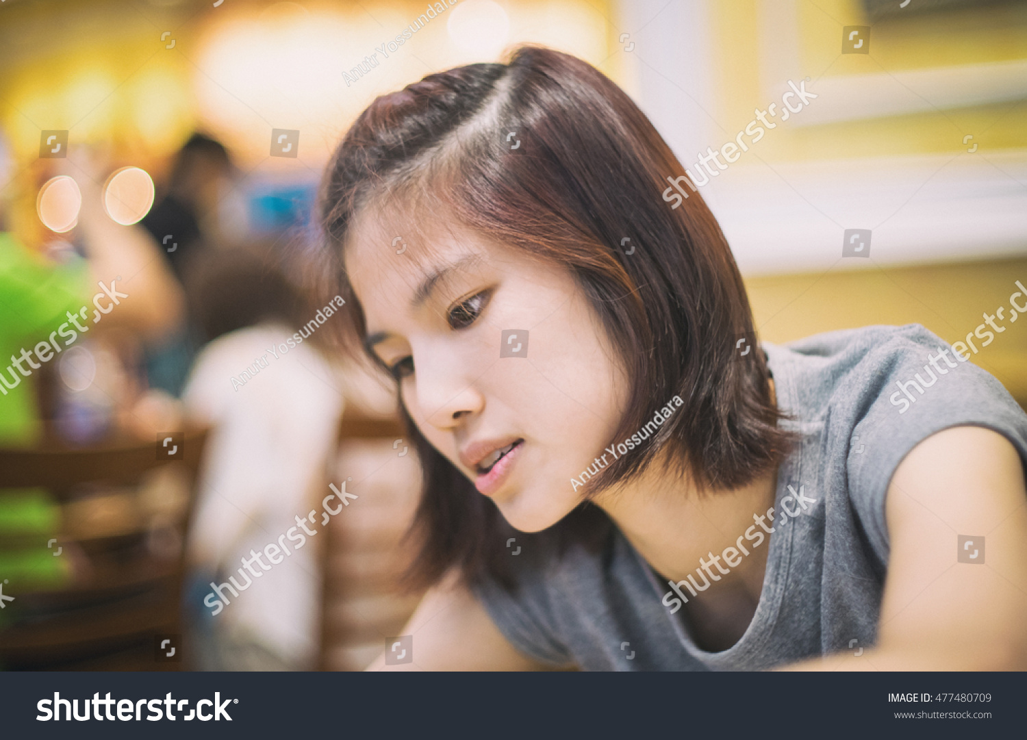 Cute Short Hair Asian Women Sitting People Stock Image 477480709