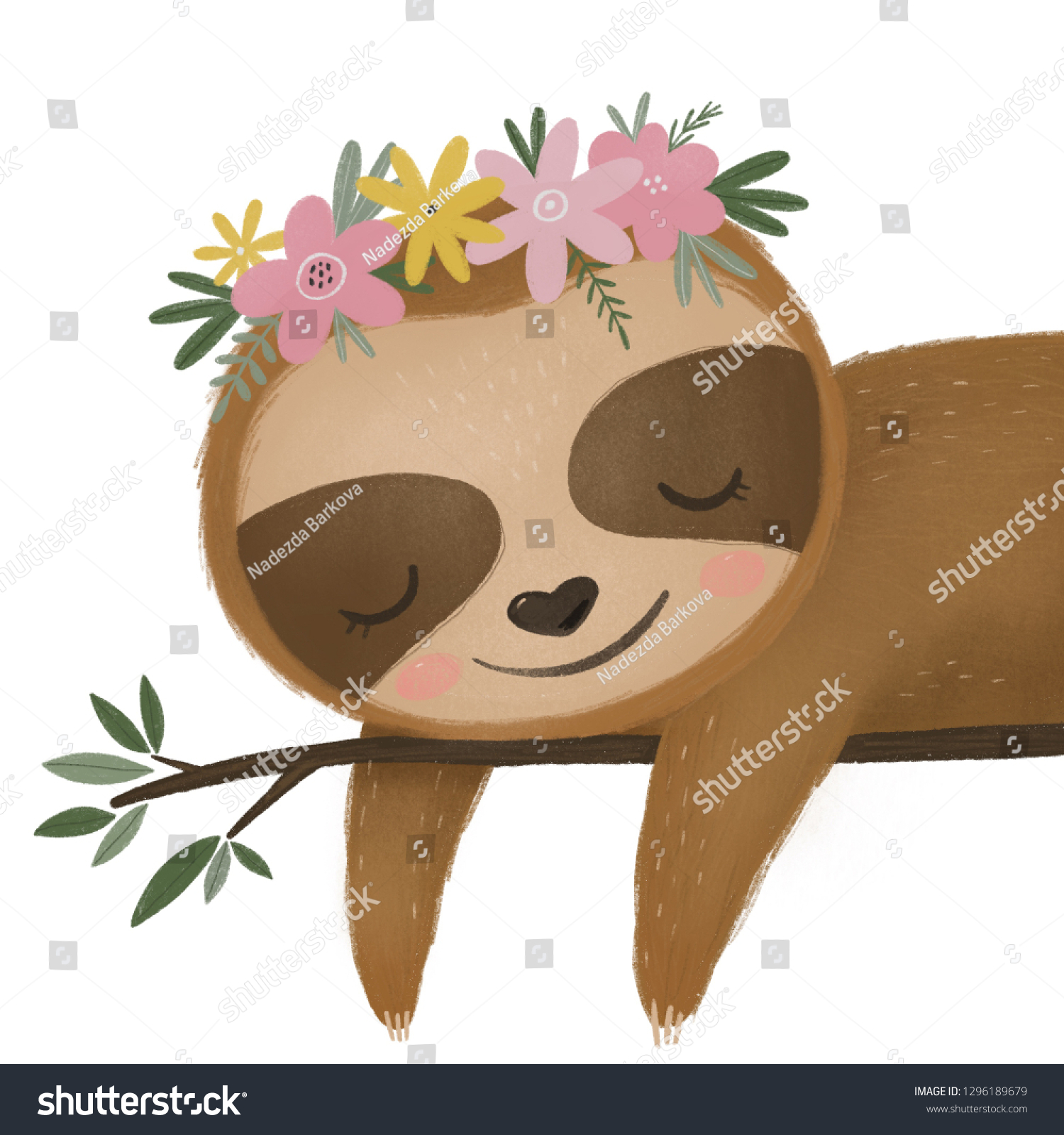 かわいいナマケイイラスト スロスの女の子春のポスター かわいいナマケモノと花 のイラスト素材