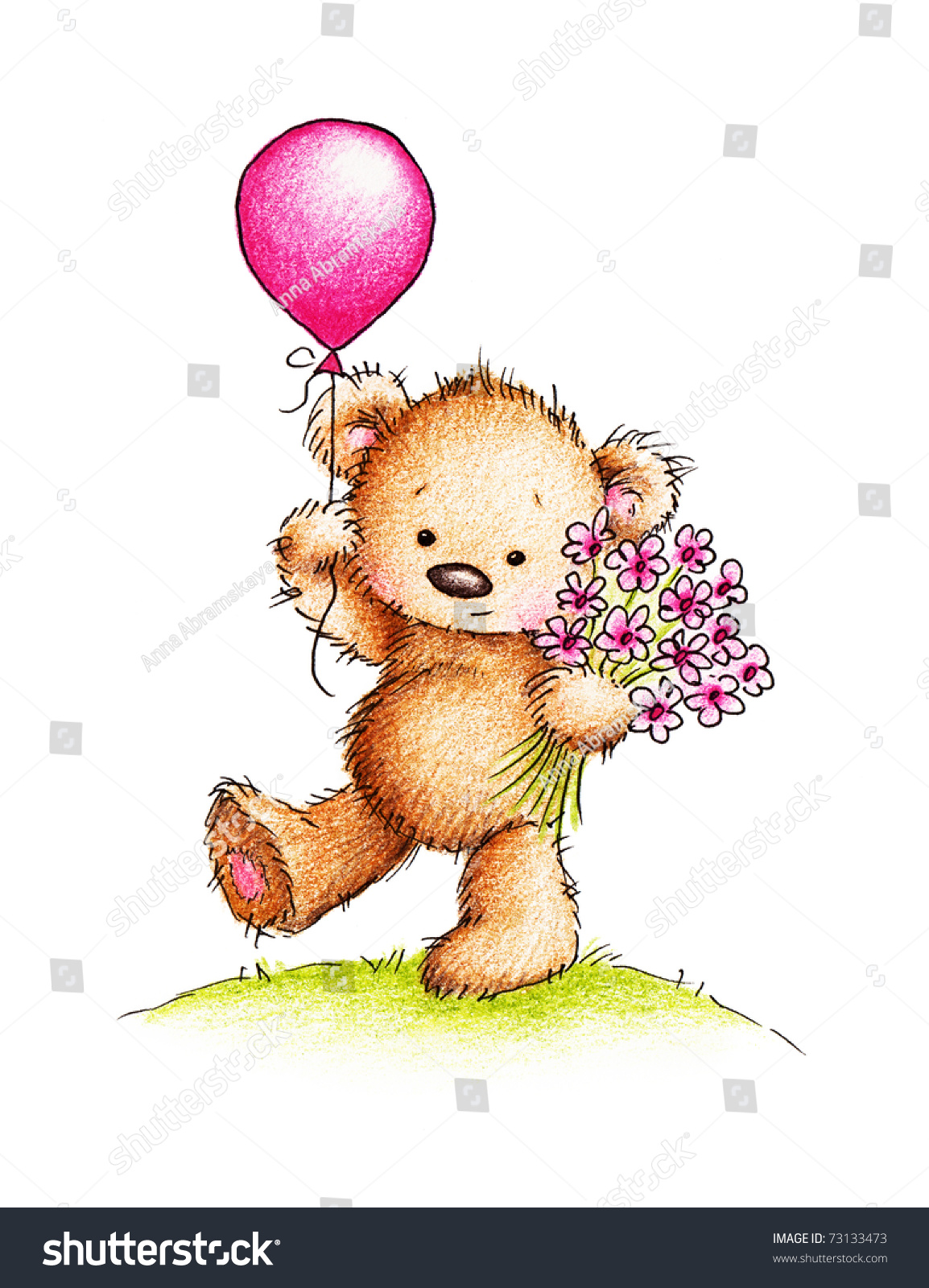 stock photo cute teddy bear with flowers and balloon on green lawn 73133473