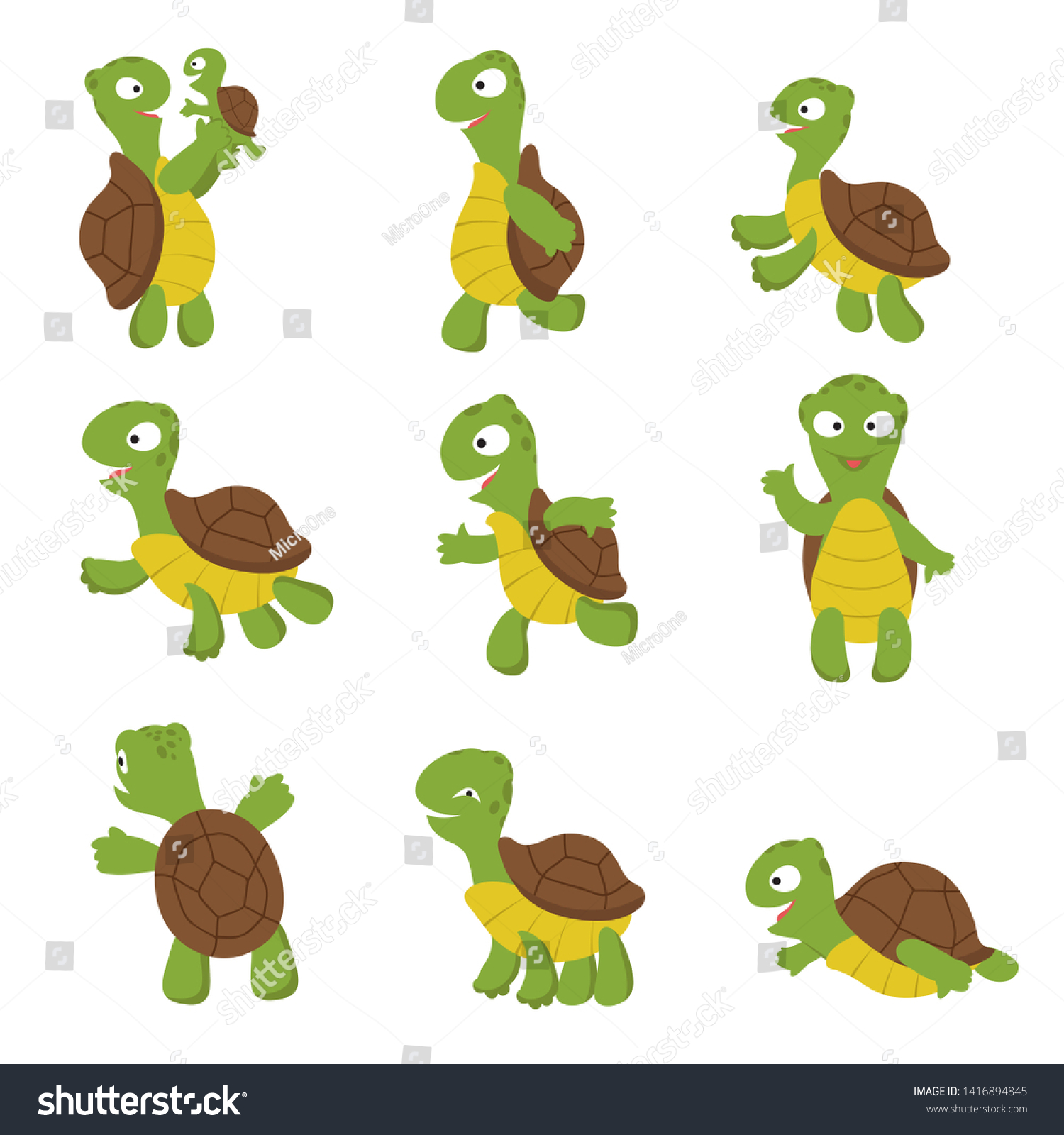 Cute Turtle Green Tortoise Child Various Stock Illustration 1416894845