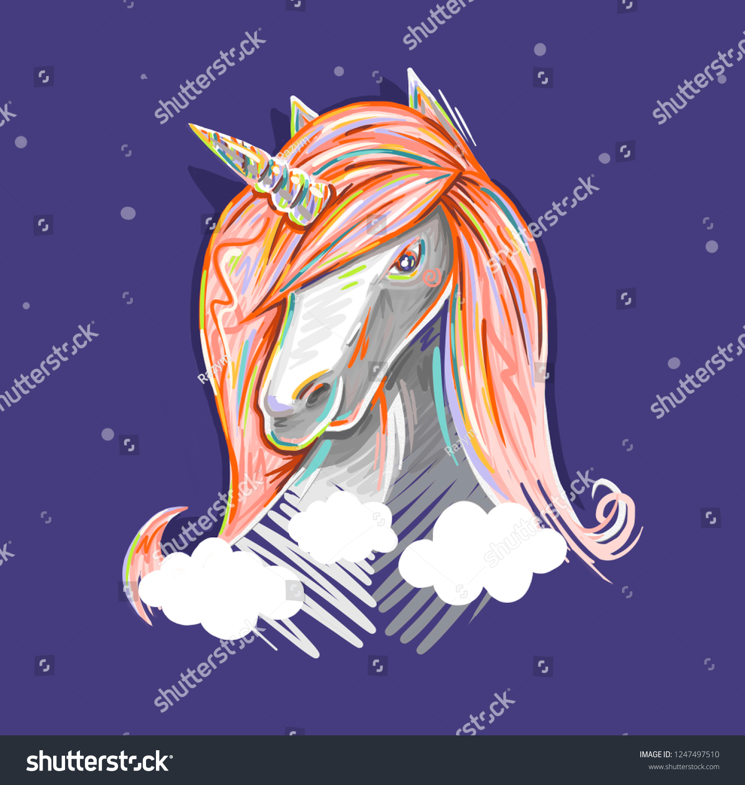 Cute Unicorn Portrait Beautiful Rainbow Mane Stock Illustration ...