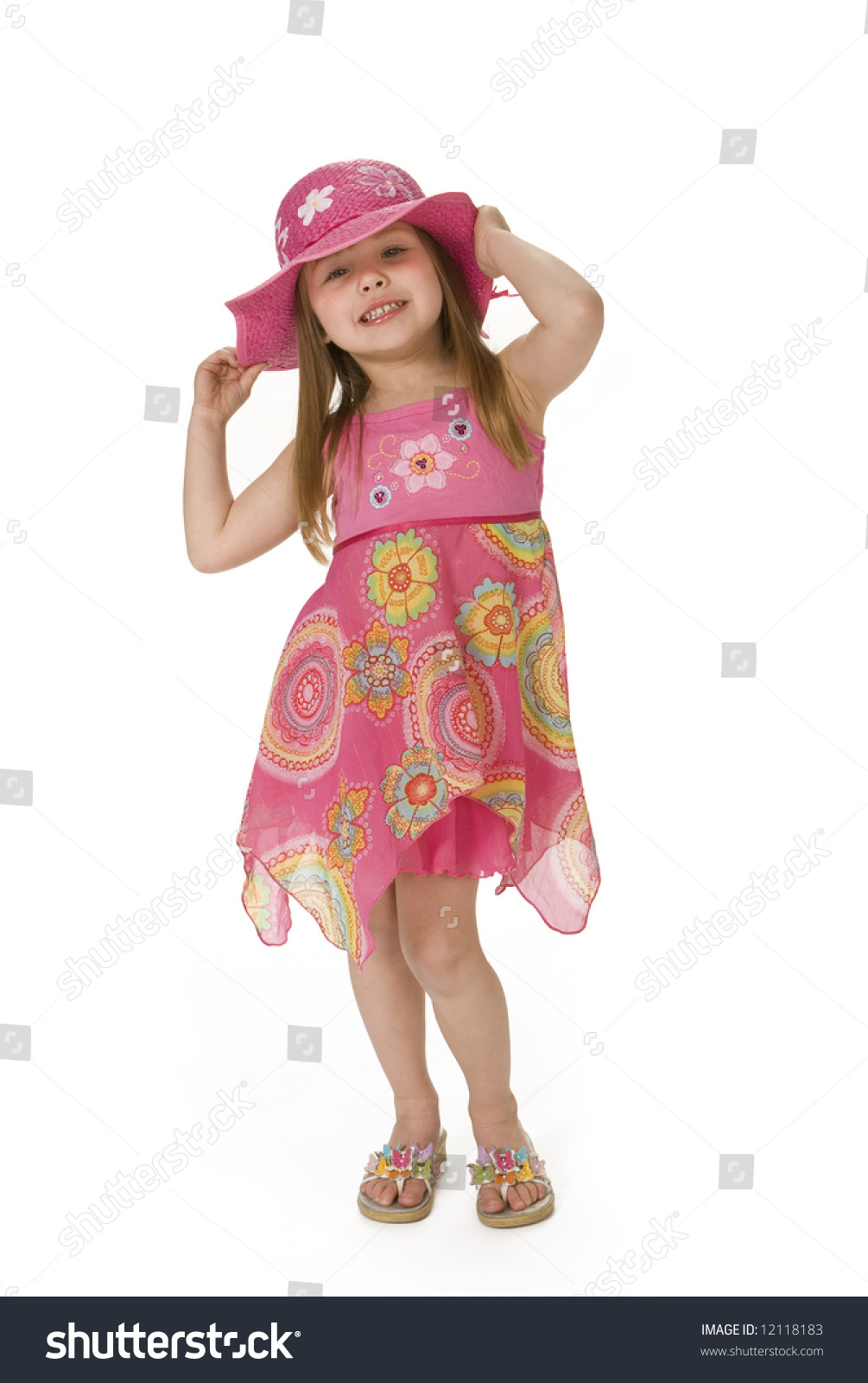 Cute 5 Year Old Girl Wearing A Pink Summer Dress And Hat. White ...