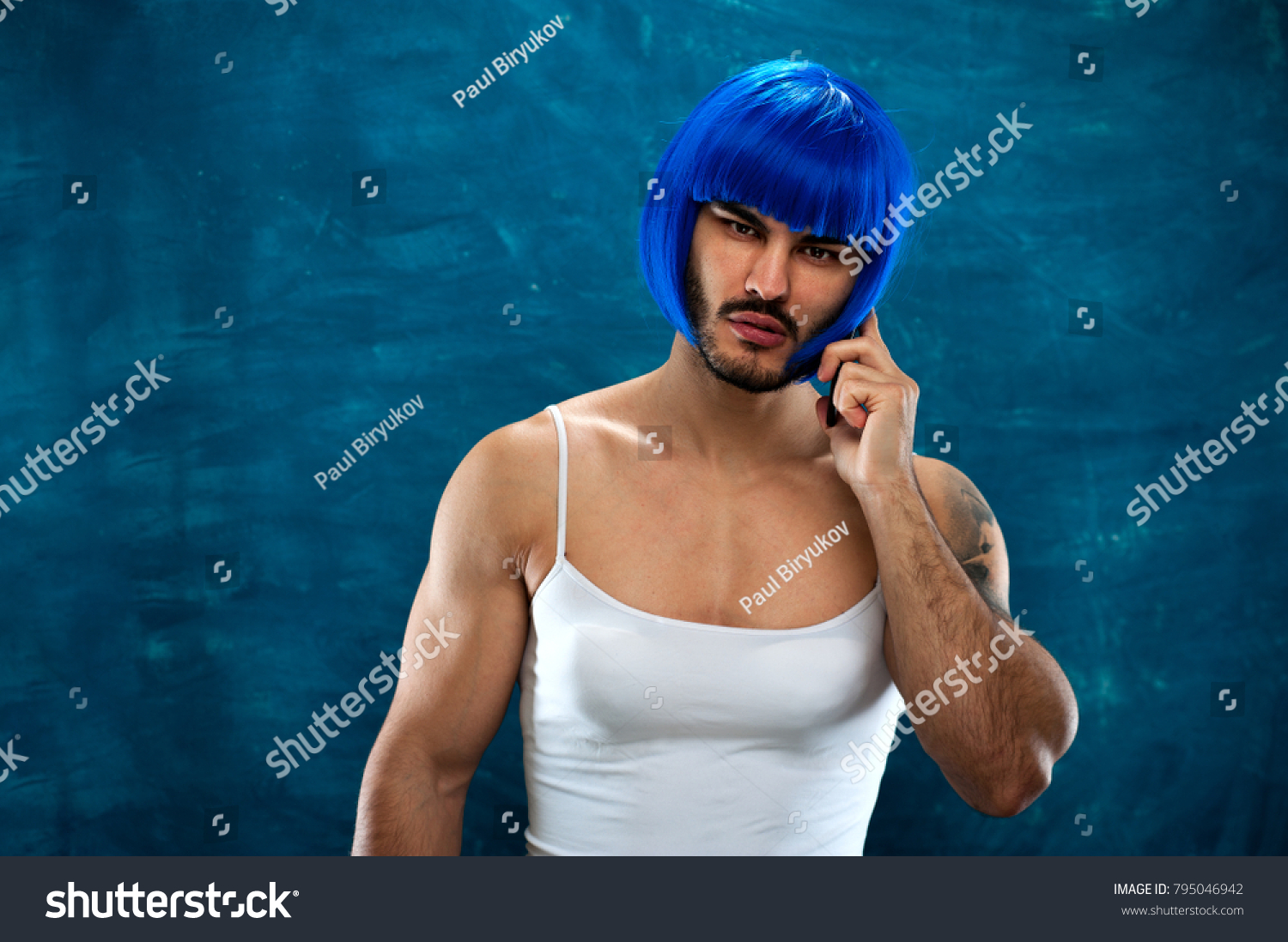 Cute Young Man Wearing Blue Wig Stock Photo Edit Now 795046942