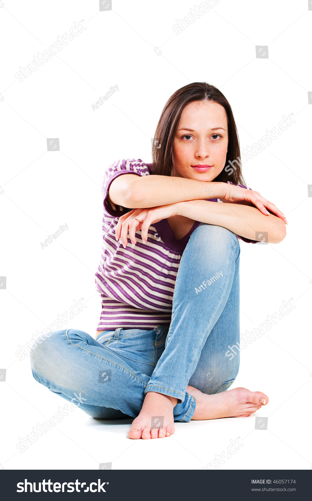 Cute Young Woman In Striped T-Shirt And Jeans Stock Photo 46057174 ...