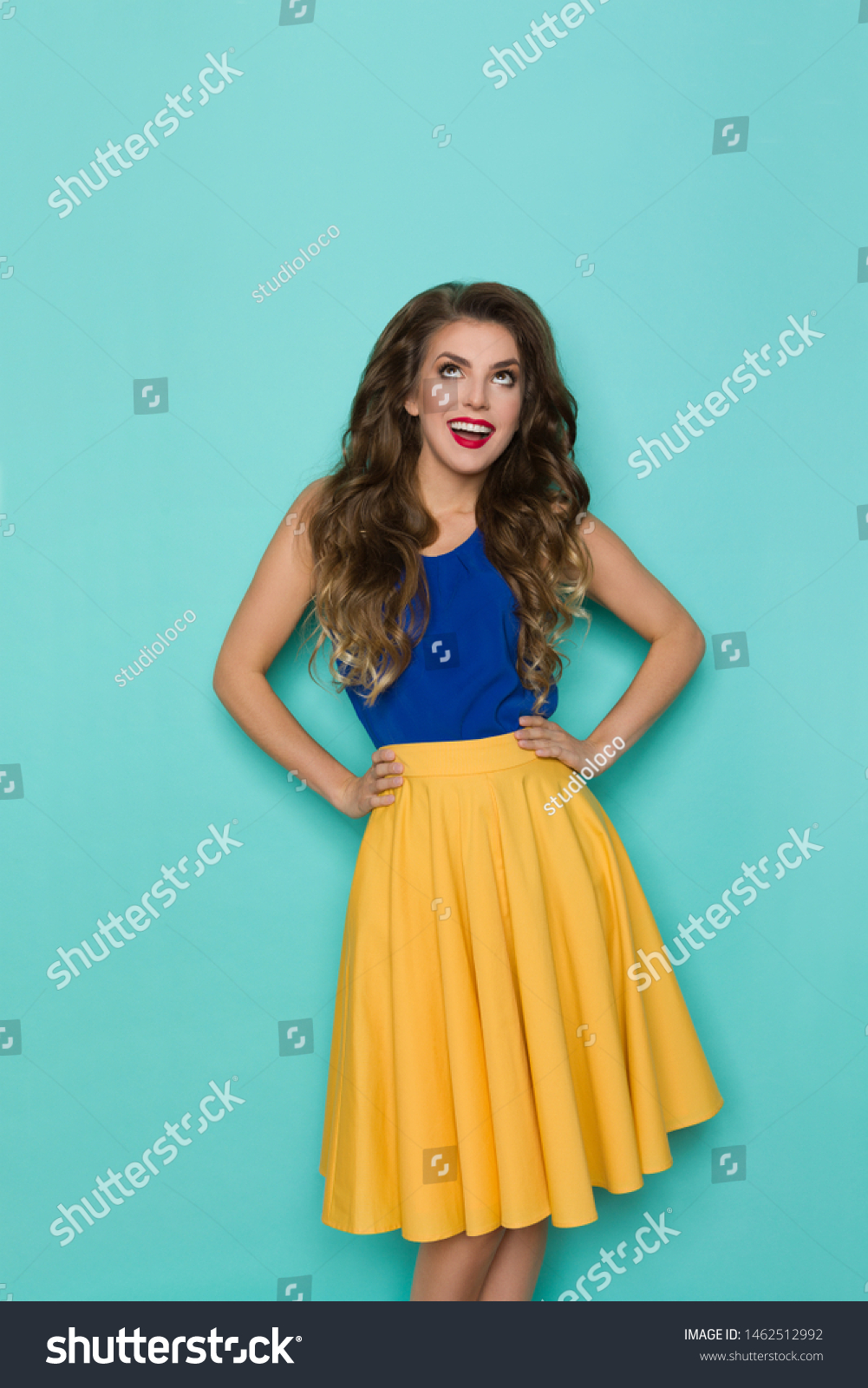 Cute Young Woman Yellow Skirt Blue 