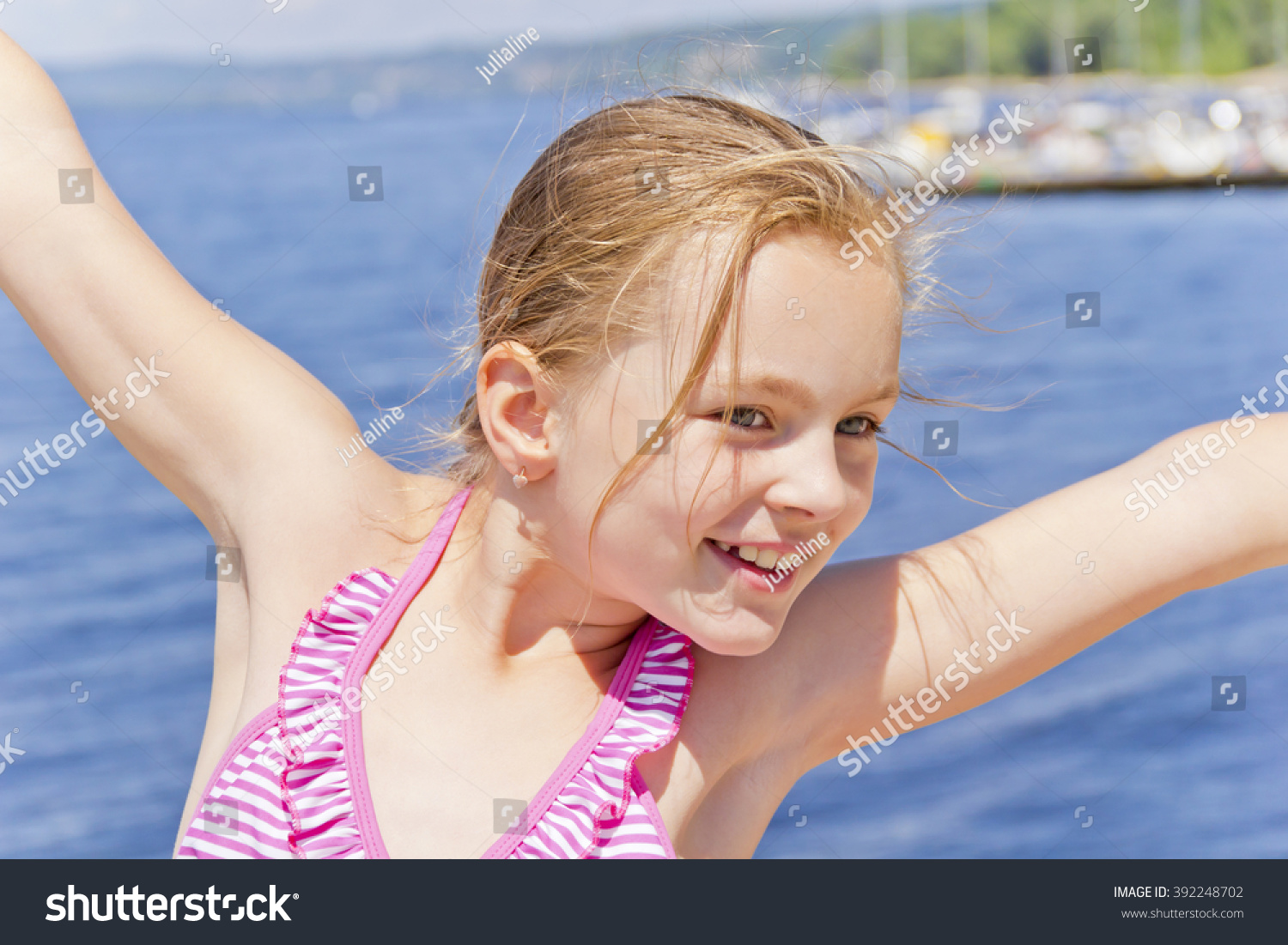 Dancing Girl On Riverbank Pink Swimsuit Stock Photo 392248702 ...