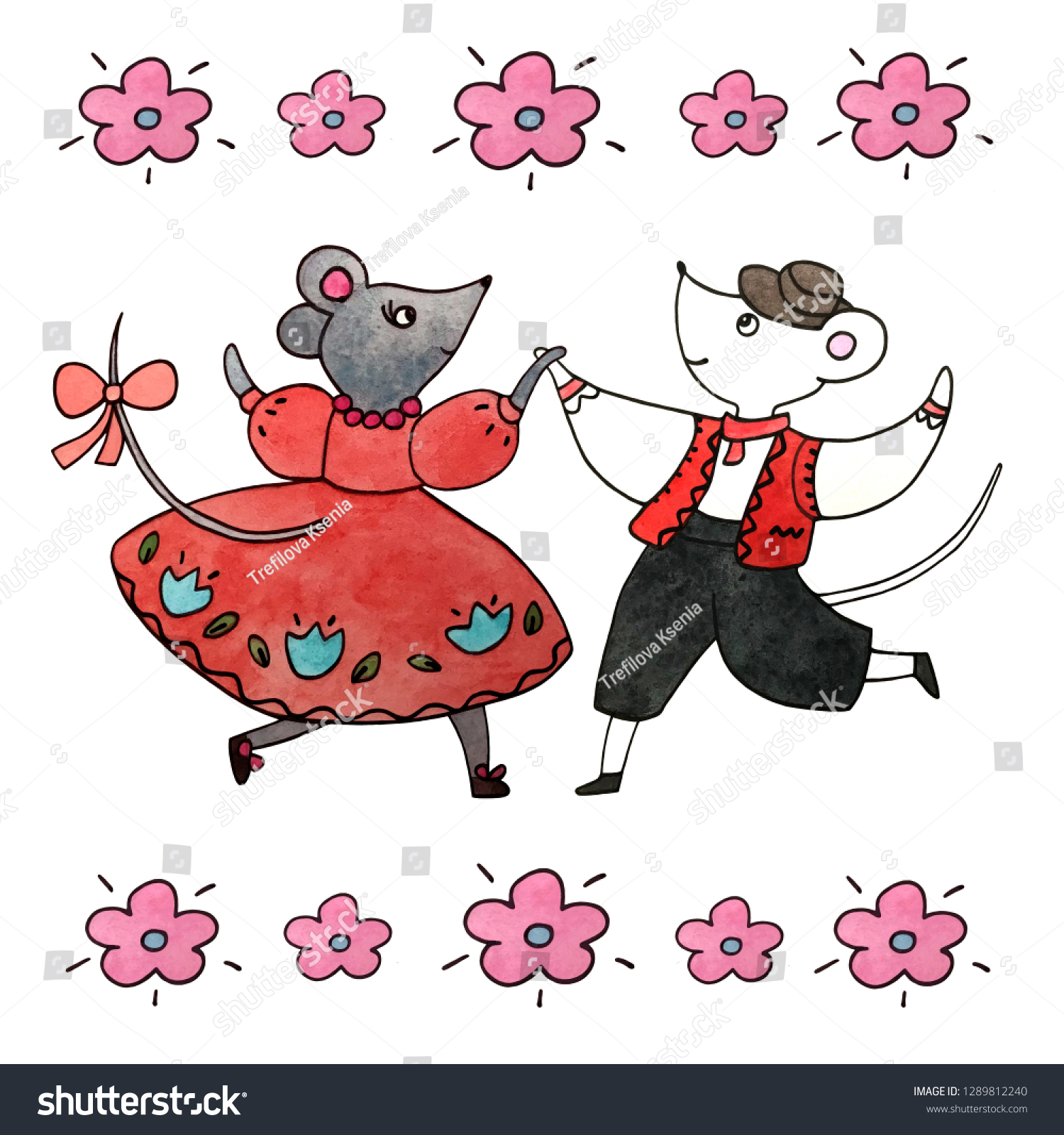 Dancing Mice Watercolor Illustration Stock Illustration 1289812240