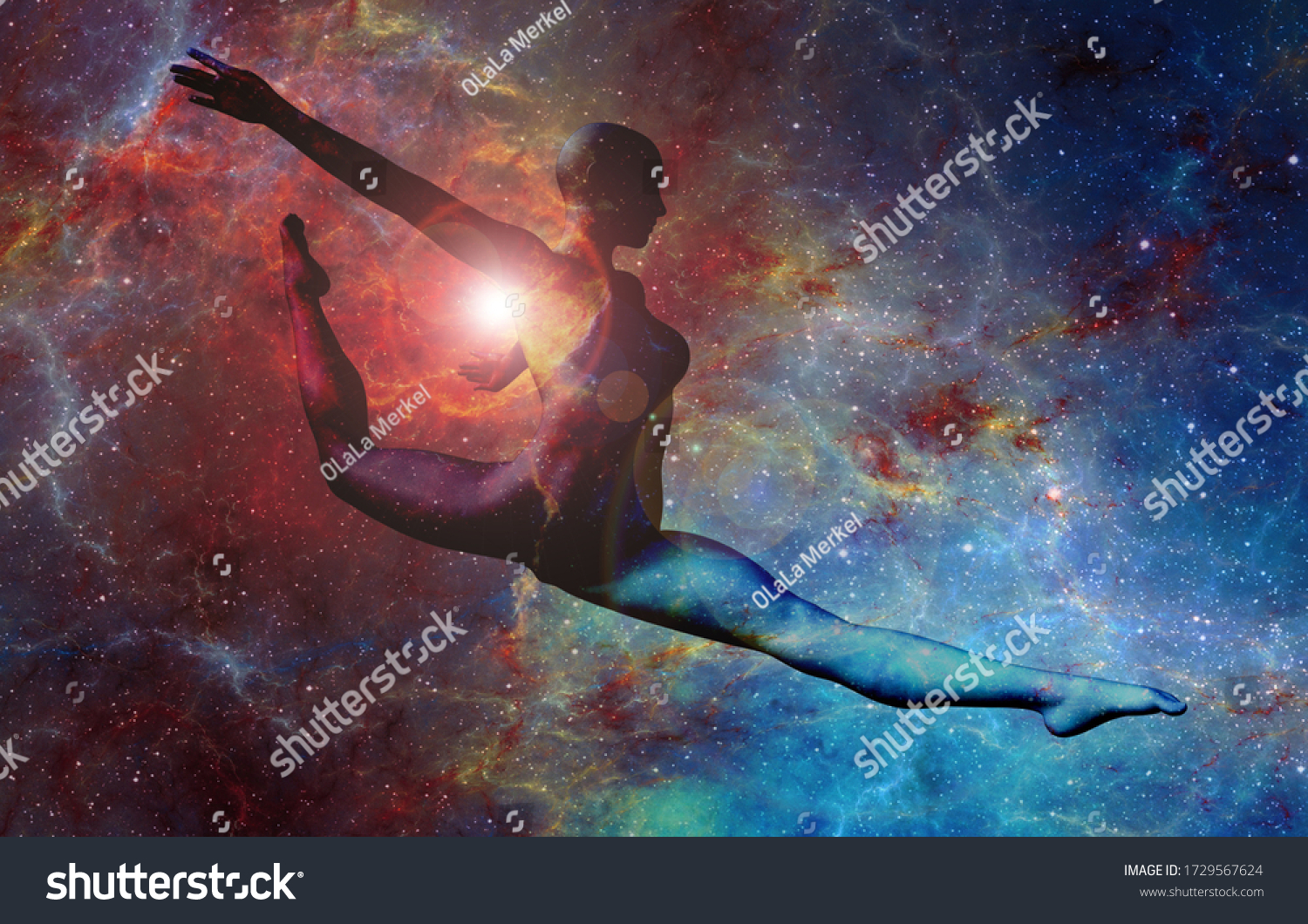 Dancing Woman Against Background Universe 3d Stock Illustration