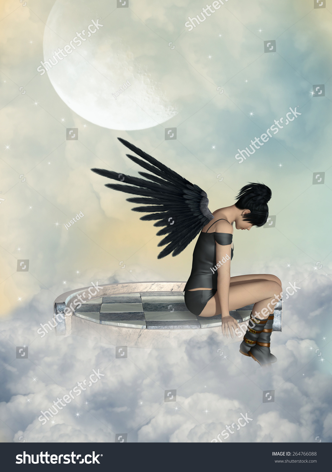 Dark Angel Sky Big Moon Stock Illustration