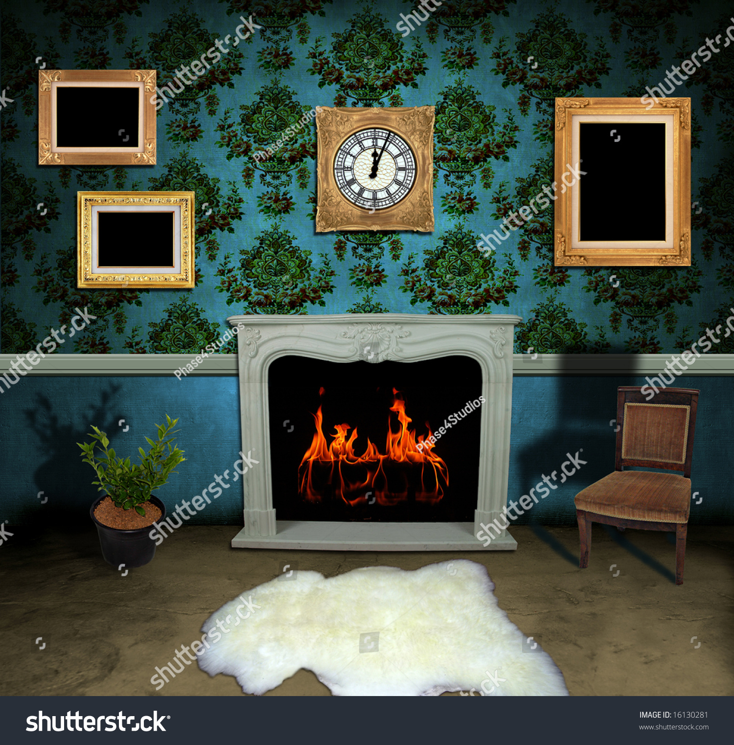 Dark Antique Living Room Empty Frames Stock Photo 16130281