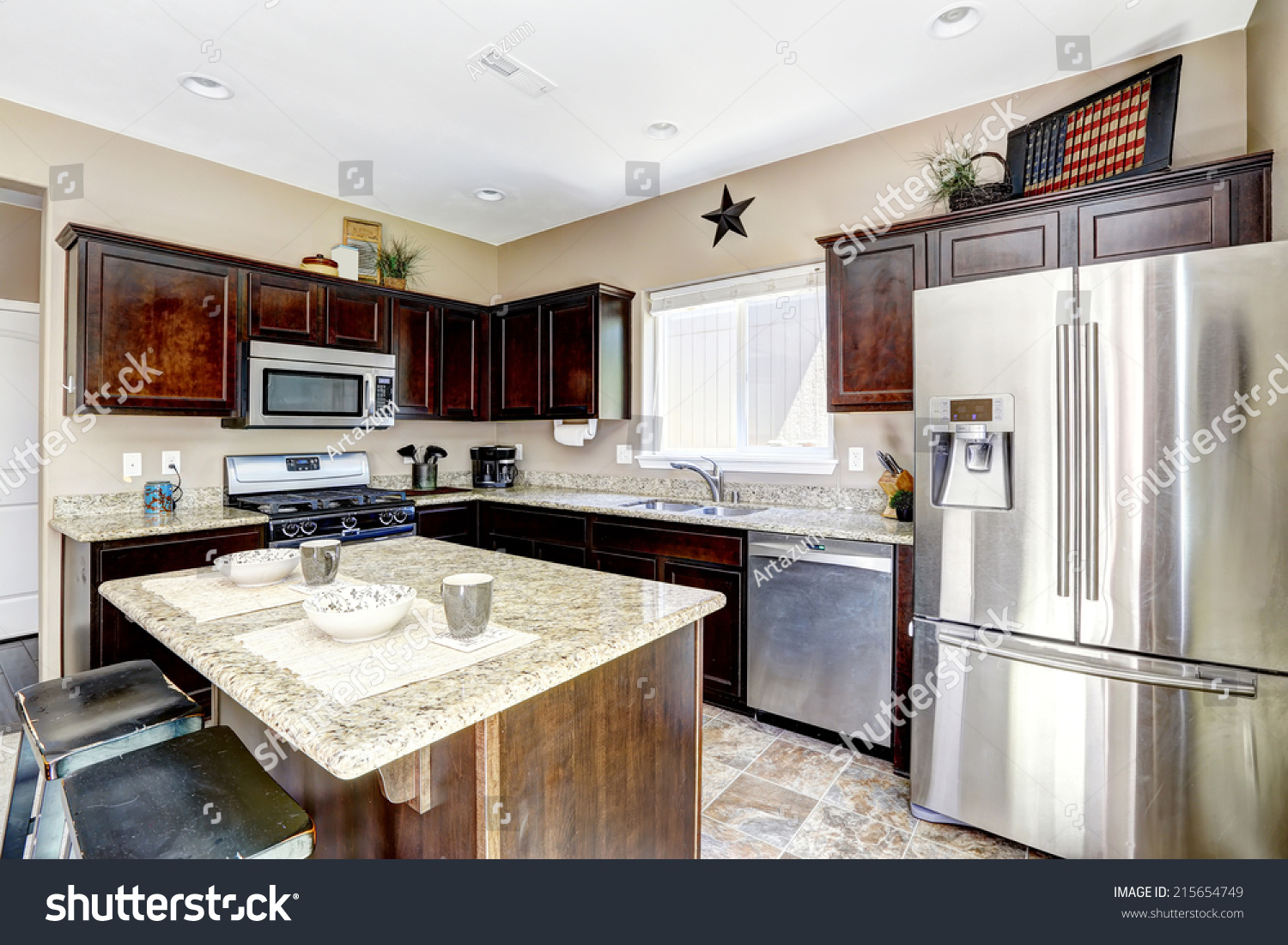 Dark Brown Cabinets Granite Tops Kitchen Stock Photo Edit Now 215654749