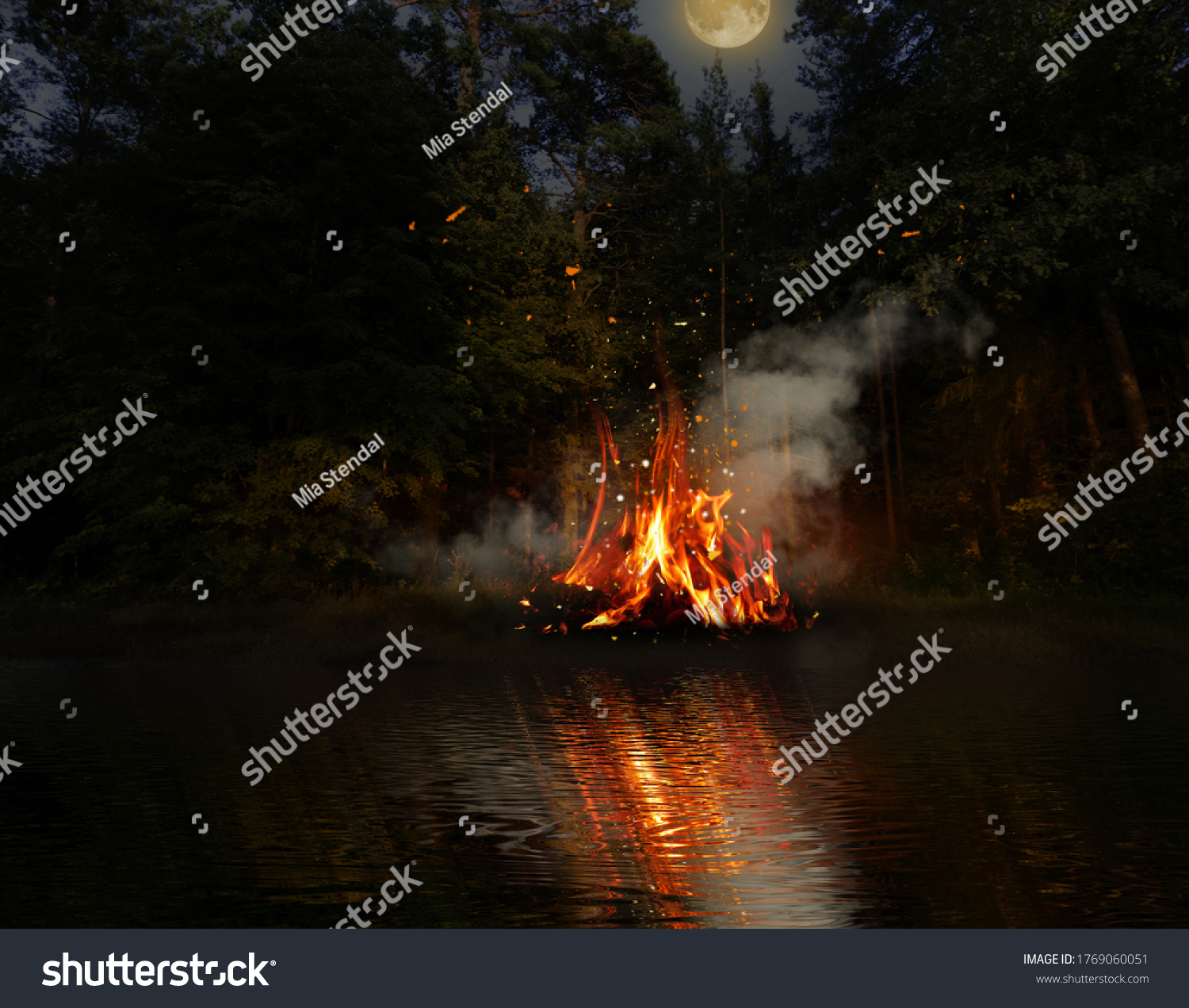 暗い森 川の近くで焚き火 木や火の反射が 水の中の火花を散らす 夜景 自然の風景 暗い森 夕焼けのそばでテントを持ってキャンプをしていた 3d イラスト のイラスト素材