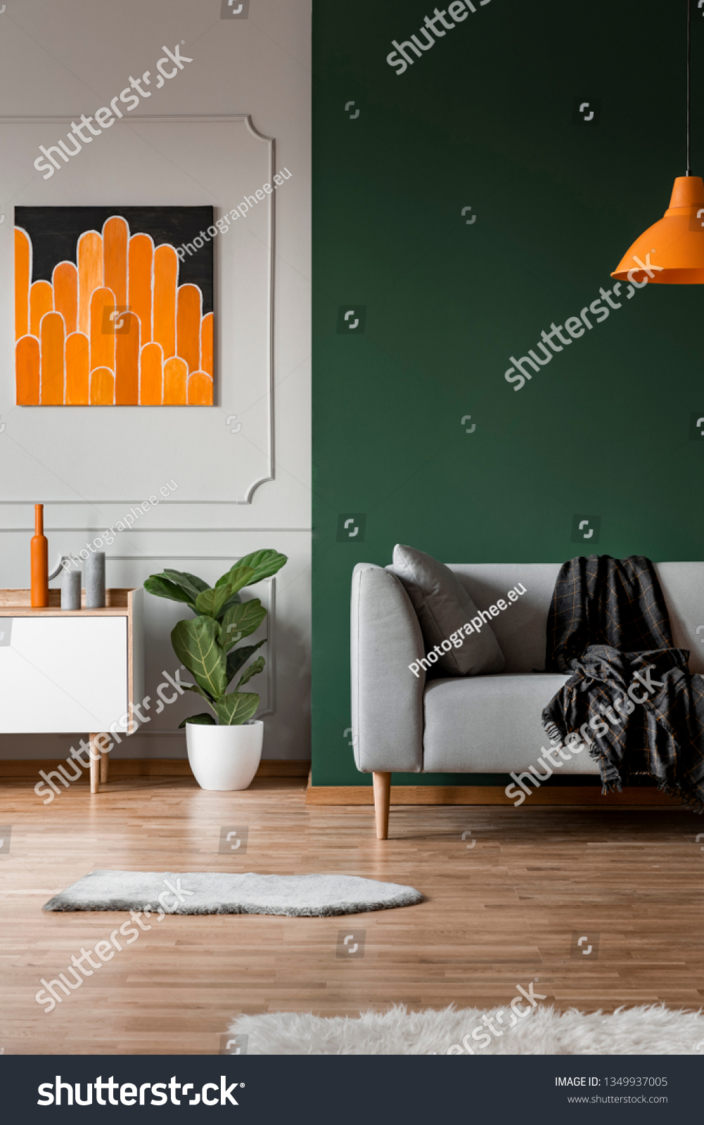 Dark Green Wall Grey Orange Living Stock Photo Edit Now 1349937005