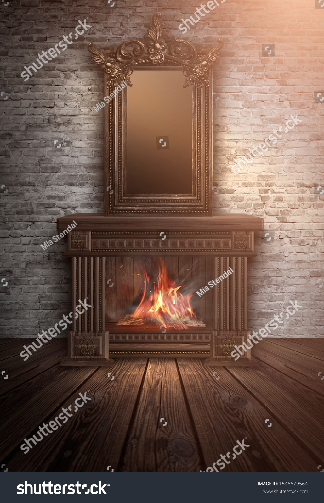 3dイラスト ビンテージ ナイト ルームの典型的な暖炉 ロマティック背景または壁紙 のイラスト素材
