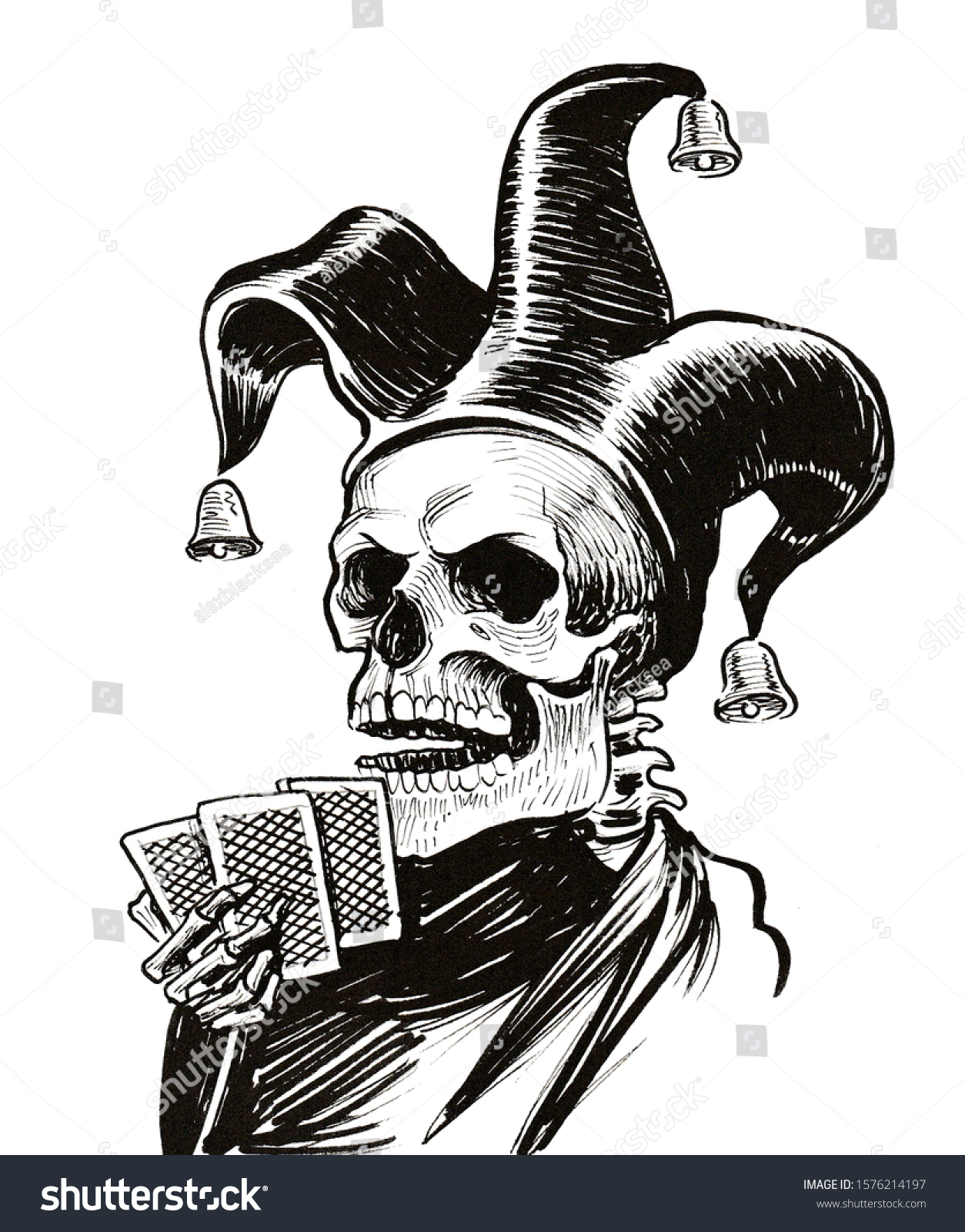 Dead Joker Cards Hand Ink Black Stock Illustration