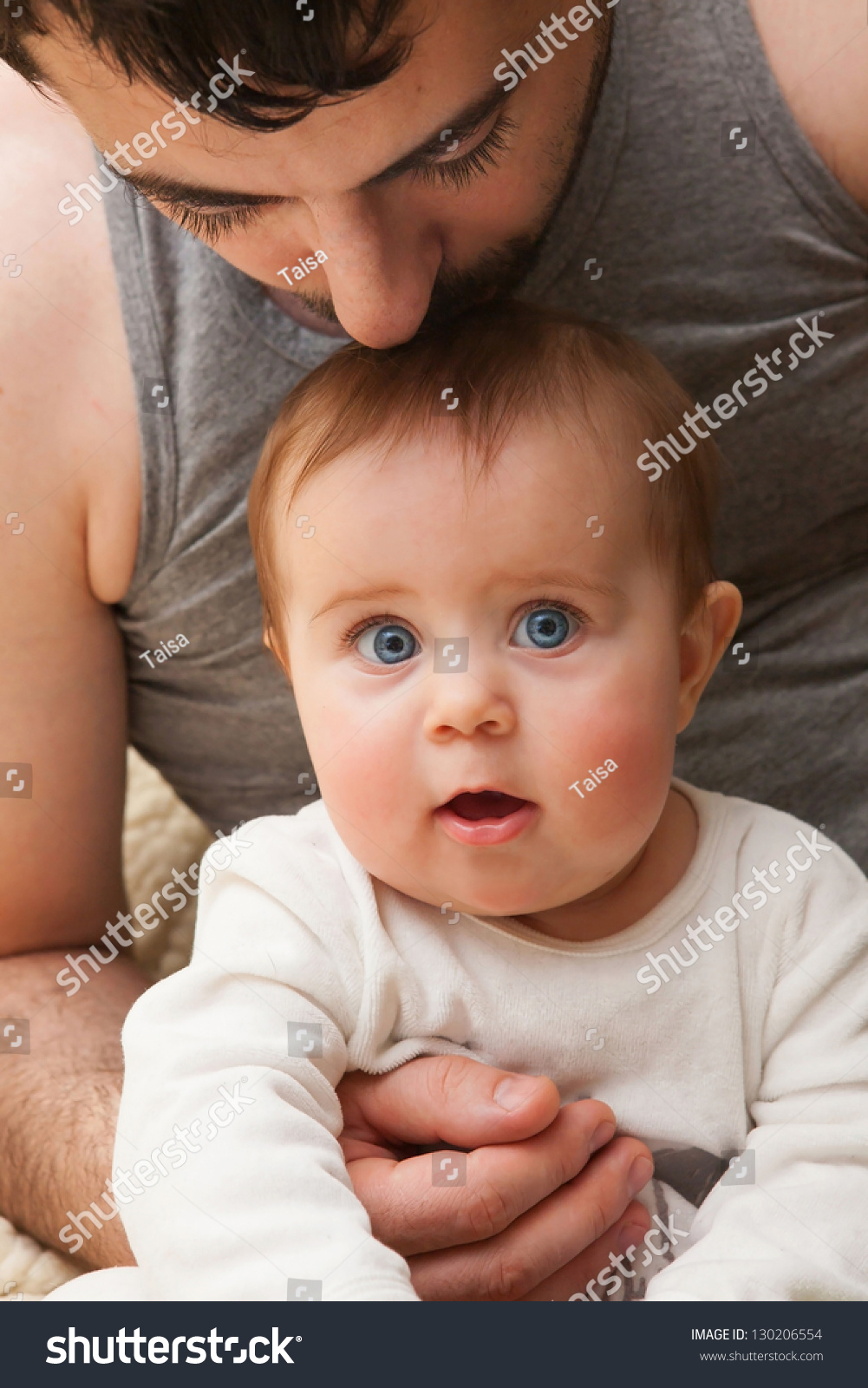 Dear Father Kissing Baby. Closeup Portrait Stock Photo 130206554 ...