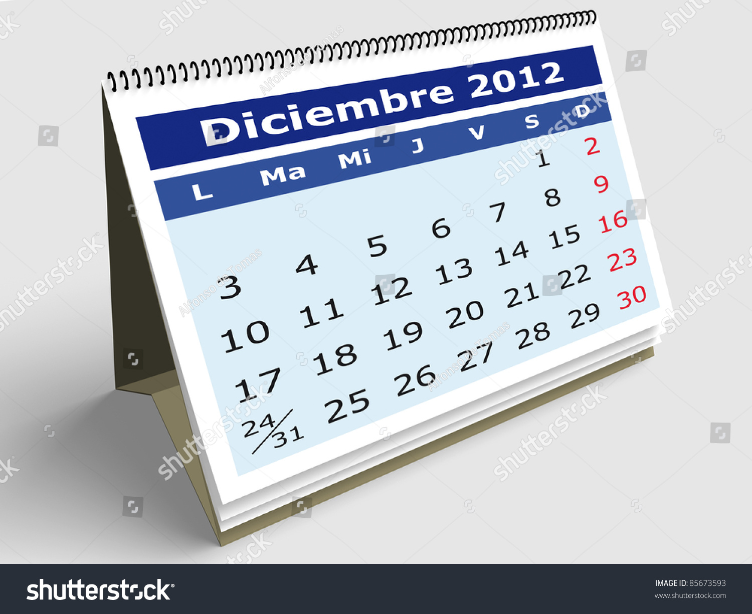 December Month Spanish 2012 Calendar 3d Stock Illustration 85673593