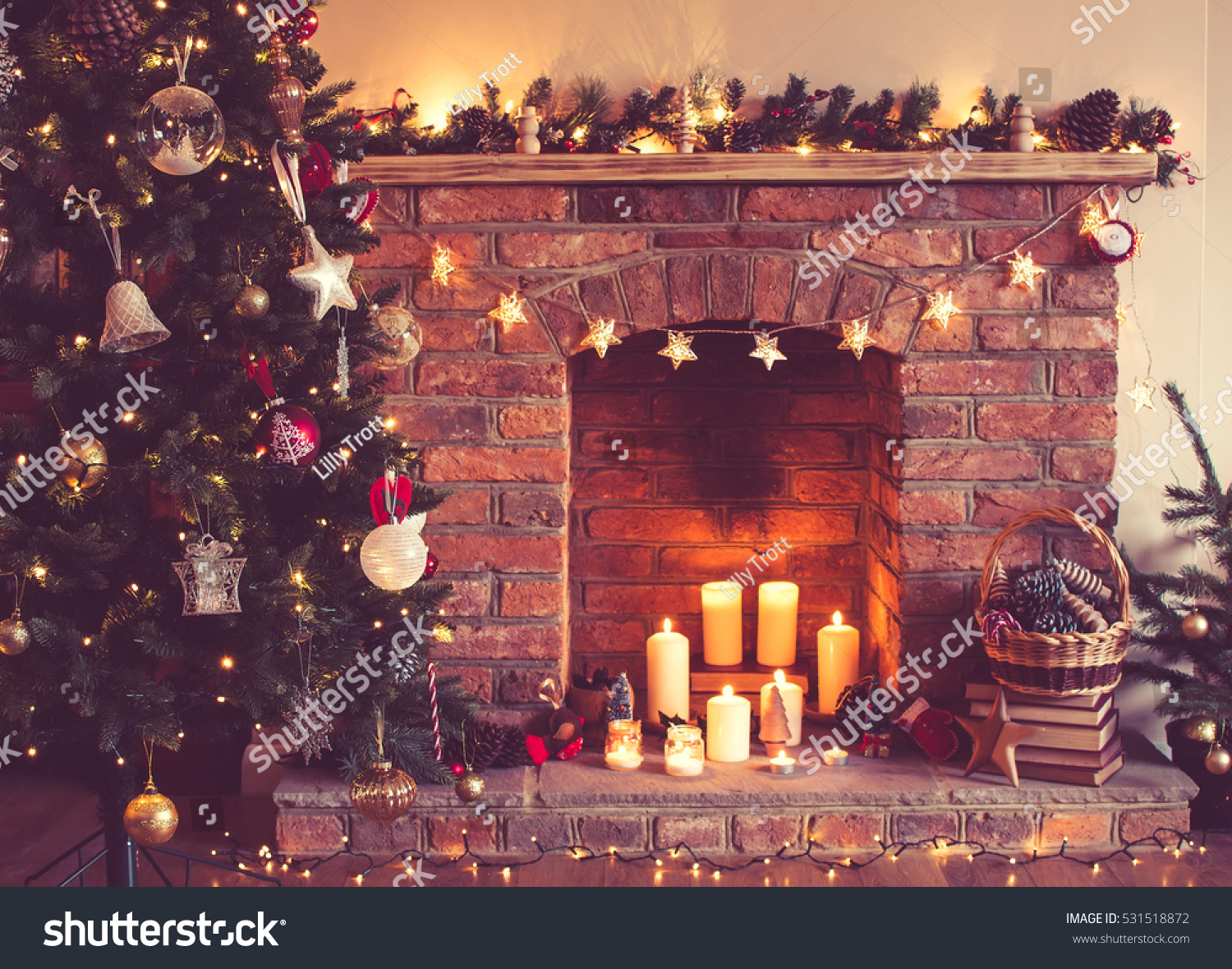 Decorated Christmas Tree Front Fireplace Various Stock Image