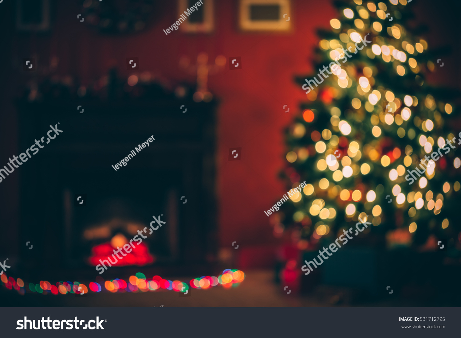 Defocused Background Christmas Living Room With Christmas Tree. Stock