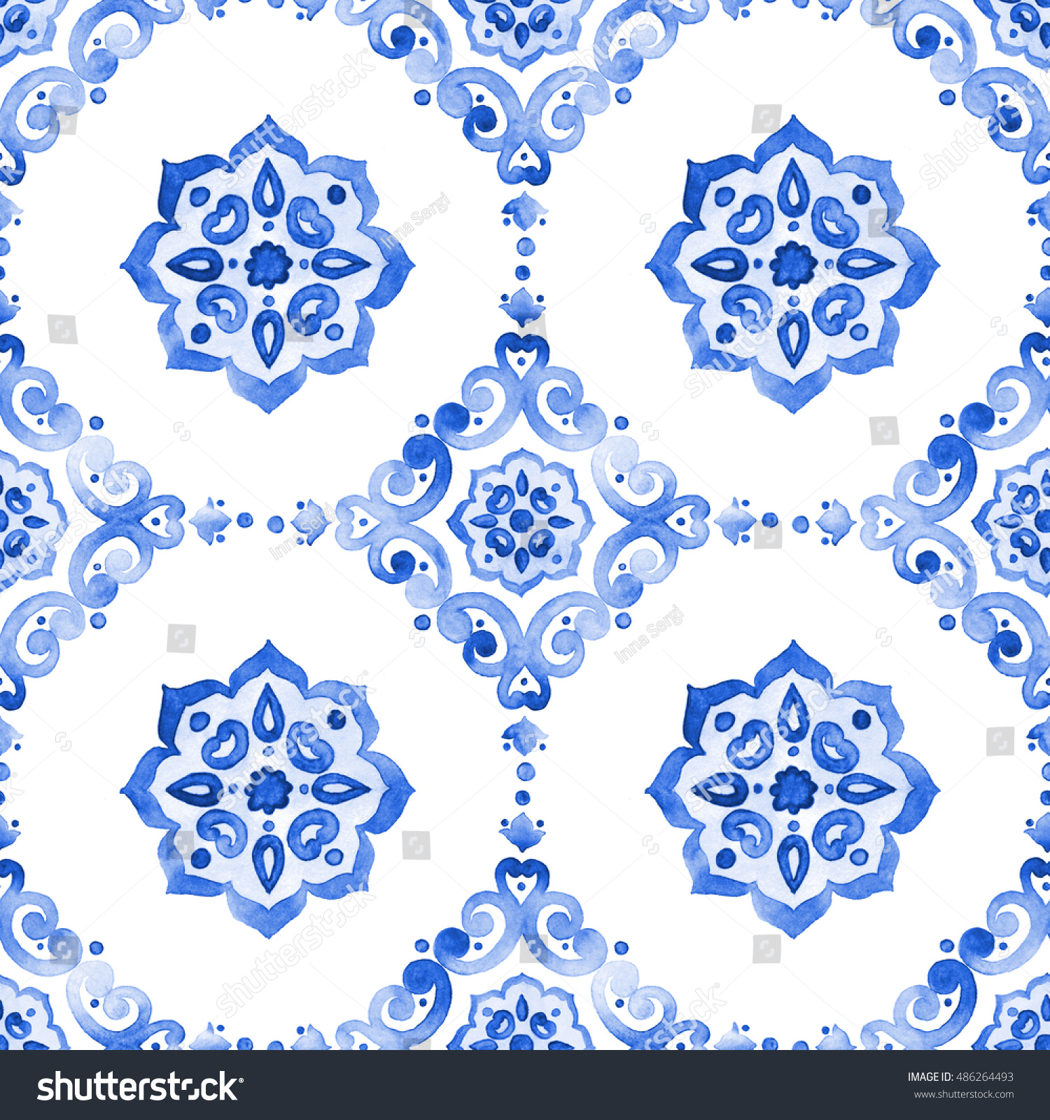 Delft Blue Style Seamless Pattern Watercolor Stock Illustration ...