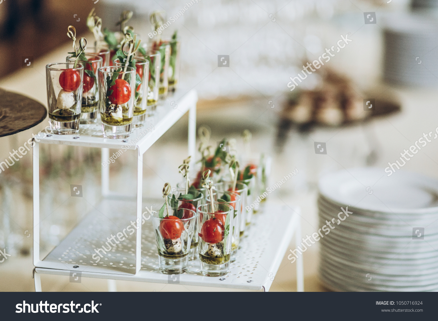 Delicious Appetizers Starters Tomatoes Cheese Glass Stock Photo