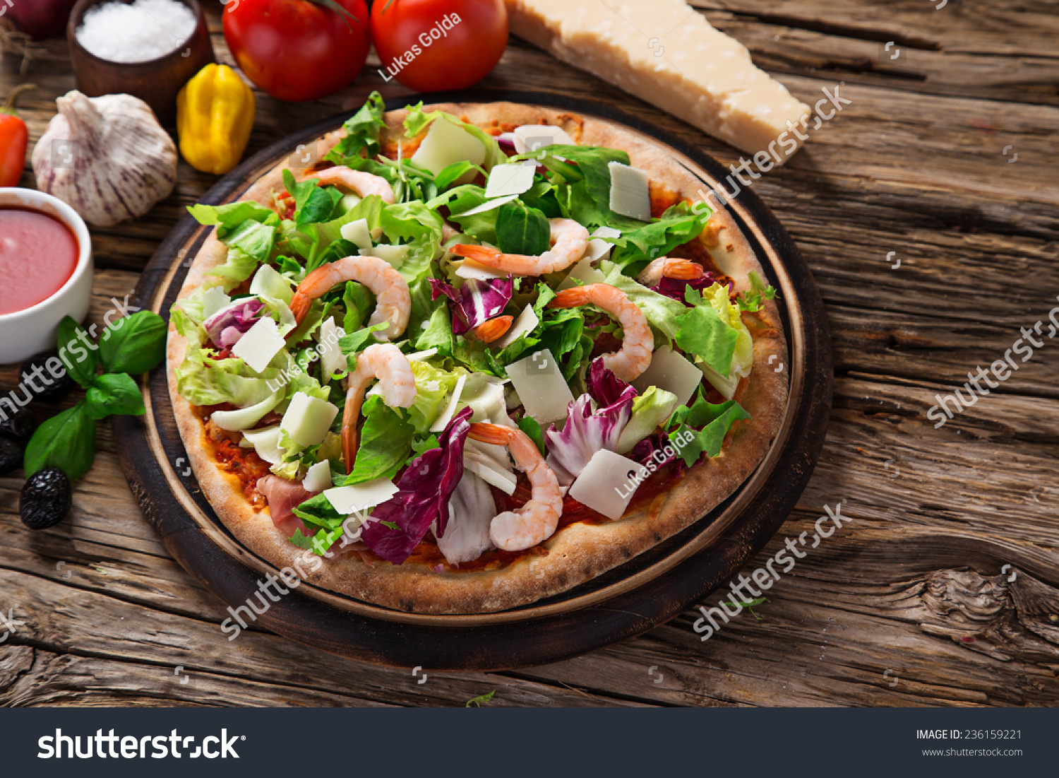 Delicious Italian Pizza "Primavera" Served On Wooden Table ...