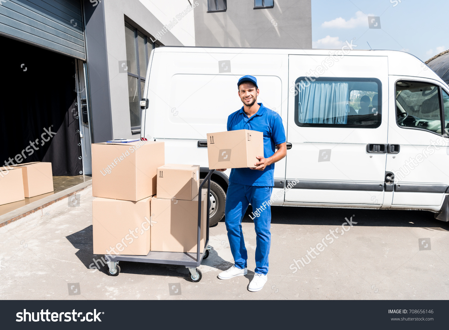 Delivery Man Box Cart Next Van Stock Photo Edit Now