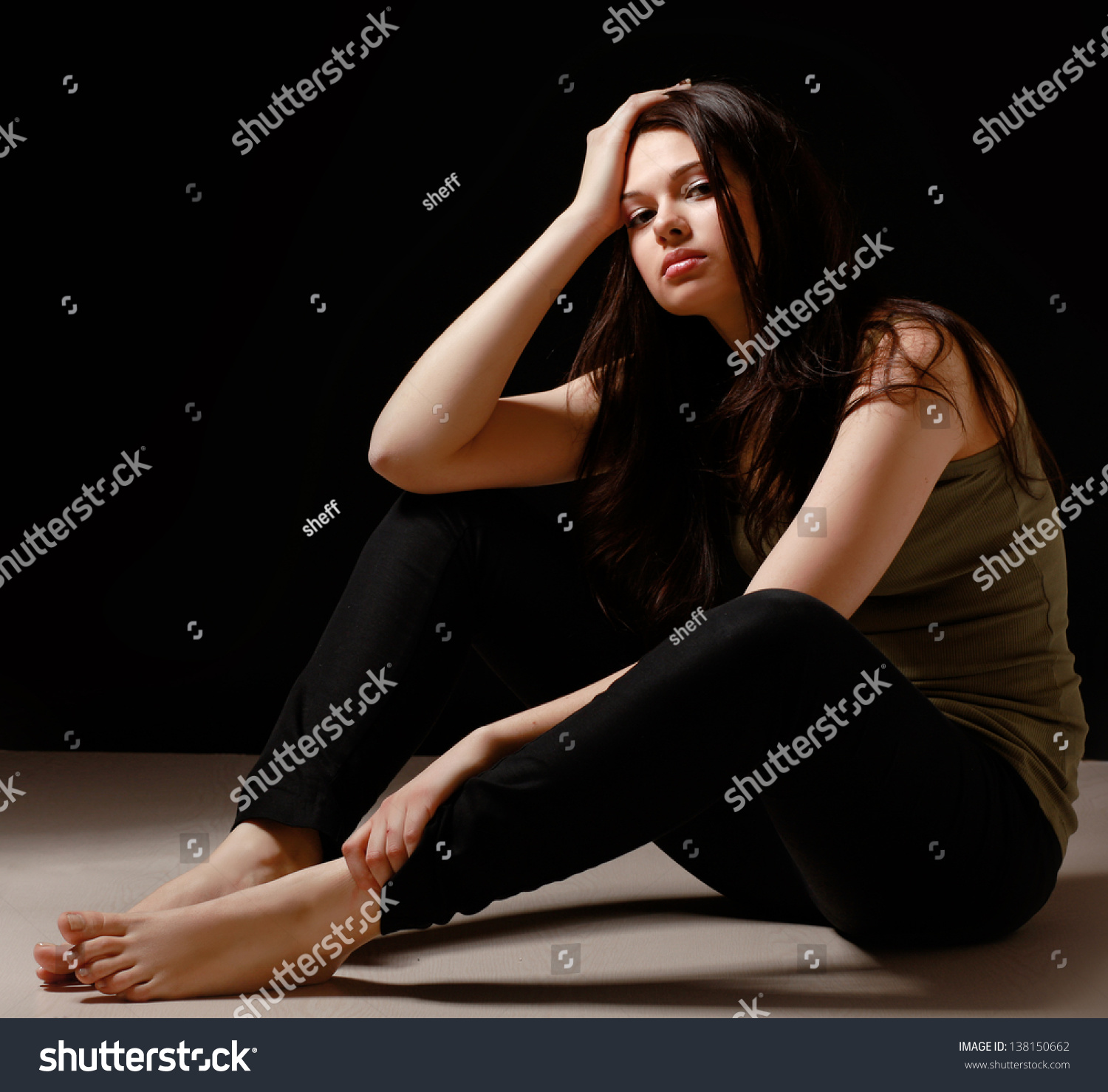 Depressed Woman Sitting On Floor Isolated Stock Photo 138150662 ...
