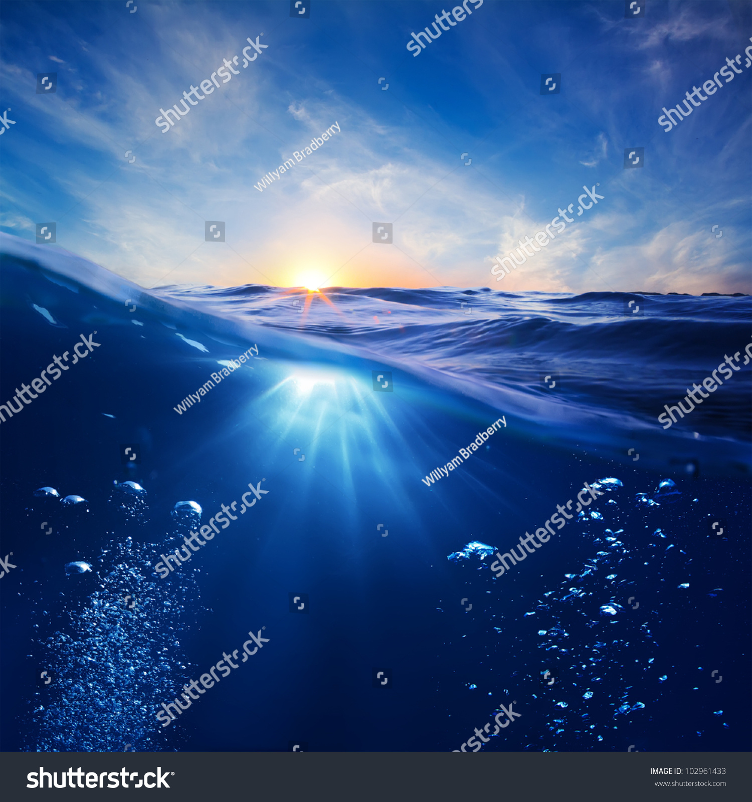 Design Template With Underwater Part And Sunset Skylight Splitted By ...