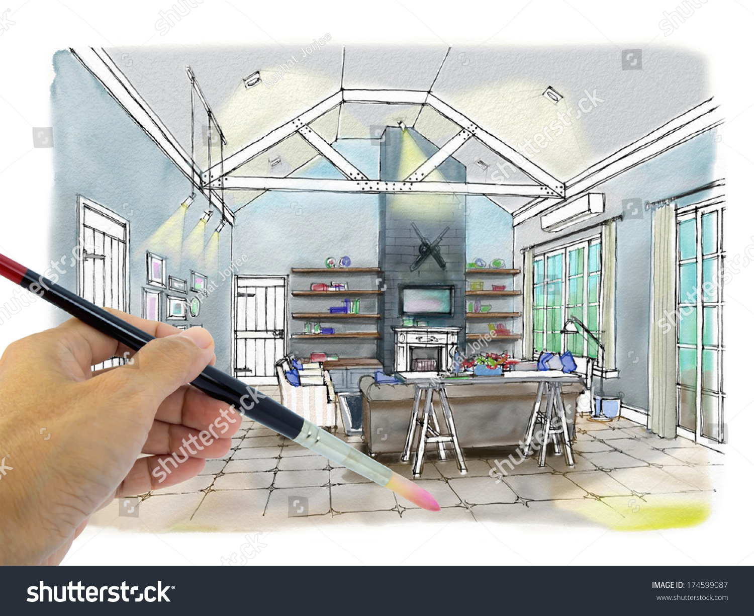 Designers Hand Drawing Interior Perspective Coastal Stock