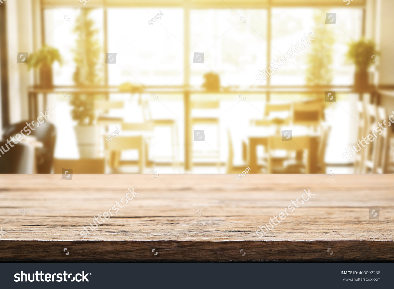 stock photo desk space platform with blurry background of restaurant vintage tone for product display montage 400092238