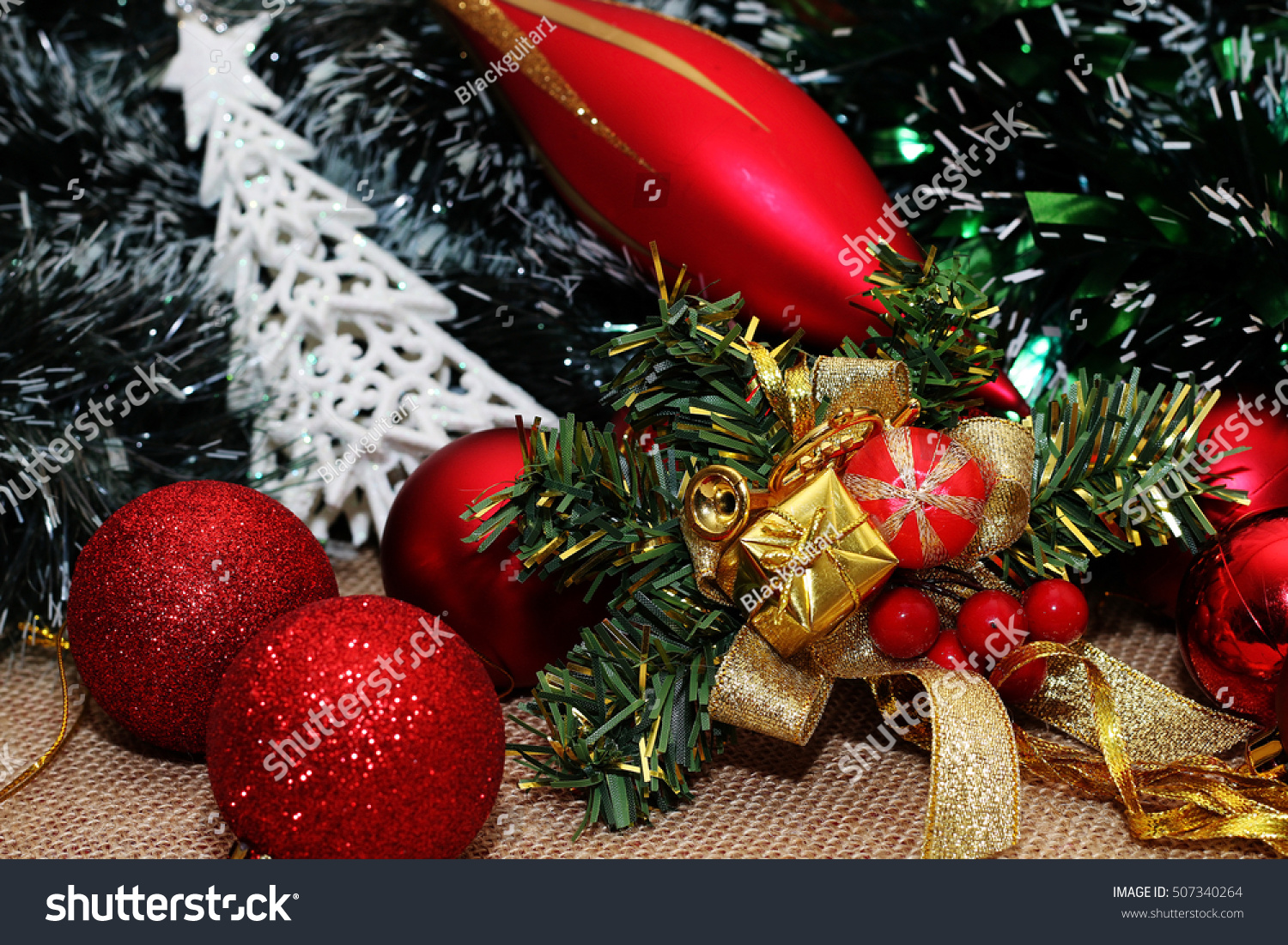 Different Beautiful Unusual Christmas Decorations On Stock Photo