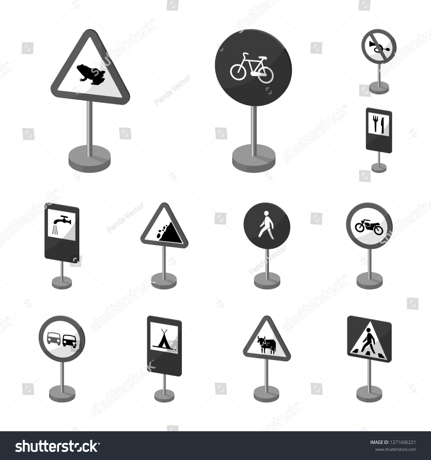 different-types-road-signs-monochrome-icons-1271606221