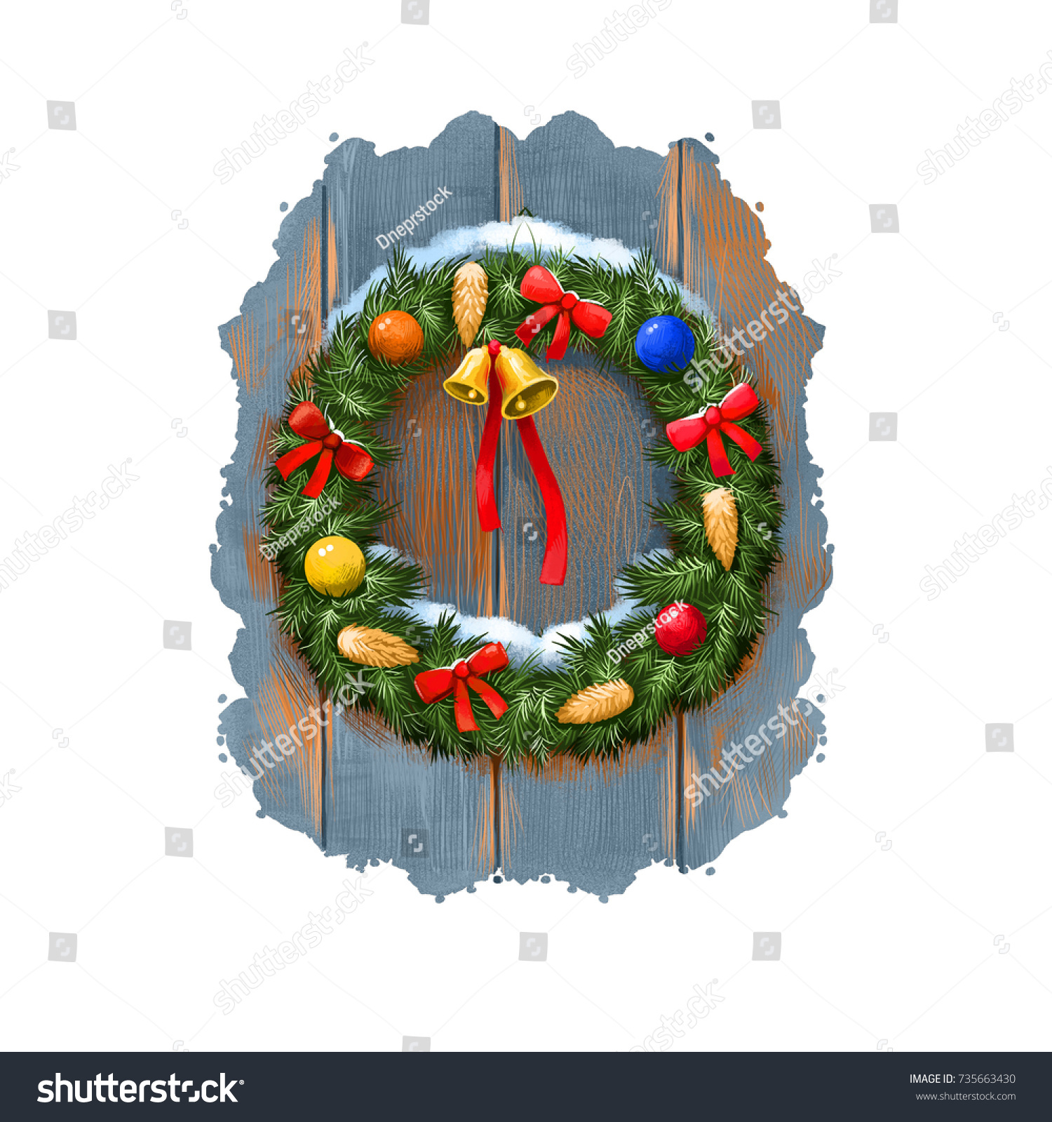 digital art illustration of christmas tree door decoration wreath with bells cones ribbon - Christmas Digital Decorations digital art illustration of christmas tree door decoration wreath with bells cones ribbon - Christmas Digital Decorations