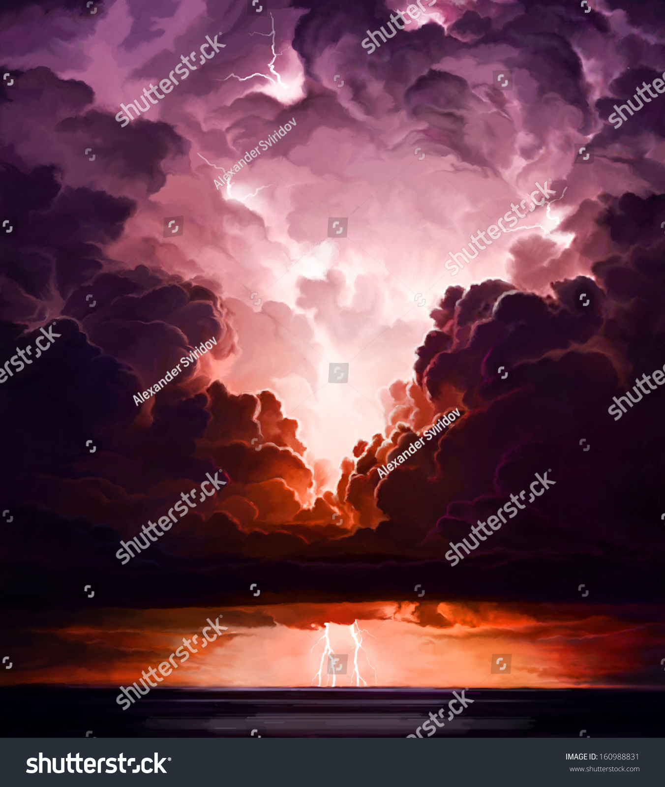 Digital Art Of Lightning Storm Over Ocean Digital Art Of Lightning Storm Over Ocean