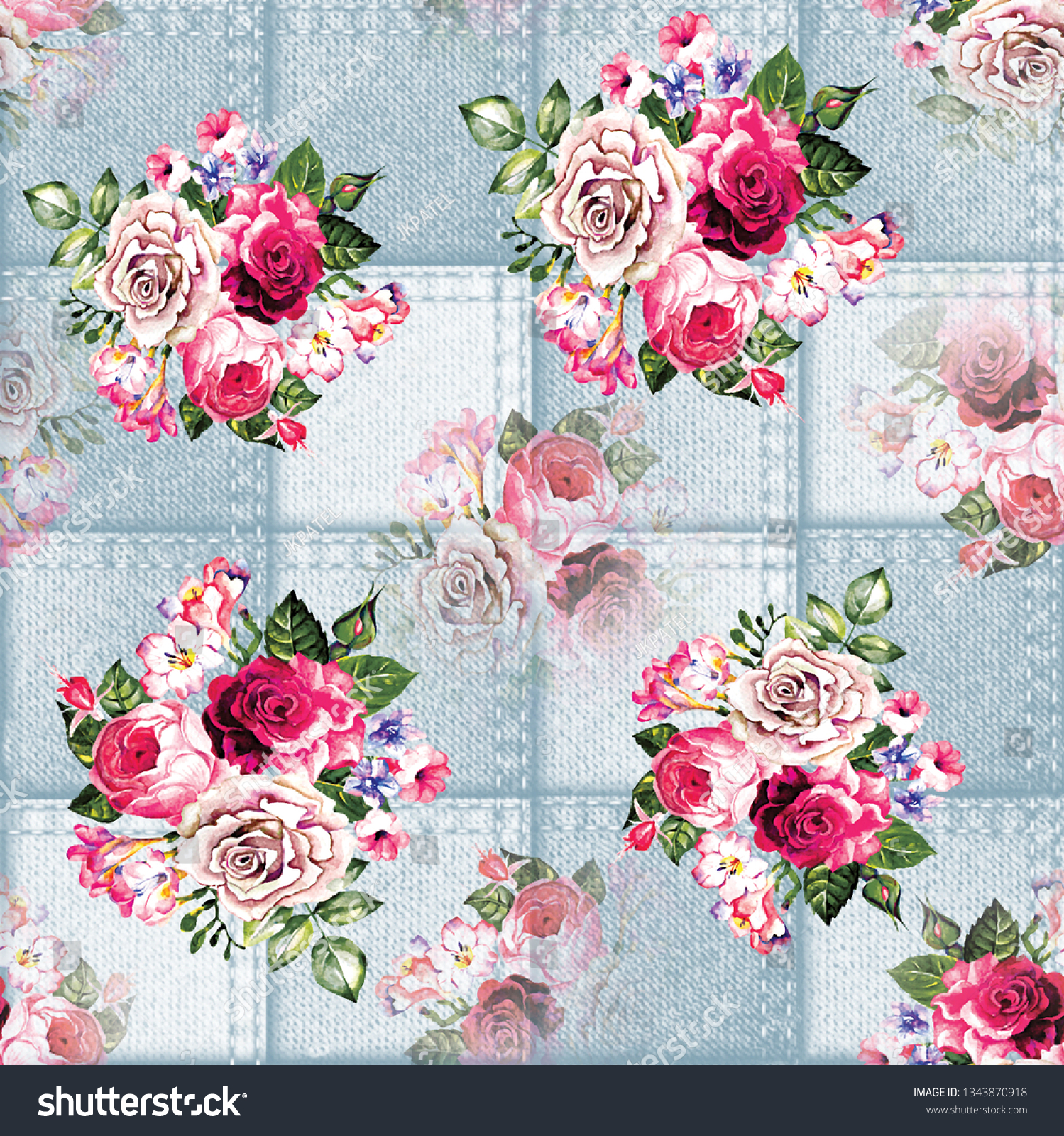 Digital Flower On Checks Fabric Pattern のイラスト素材