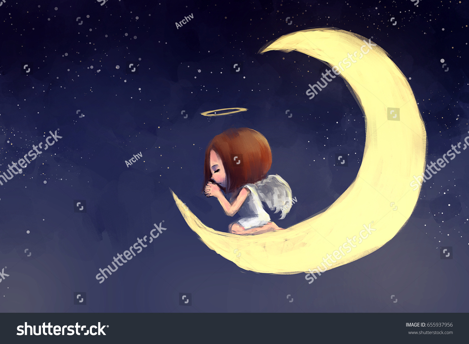 月にひざまずいて祈る天使の女の子のデジタル画 キャンバスのテクスチャーにアクリル 物語のイラスト のイラスト素材