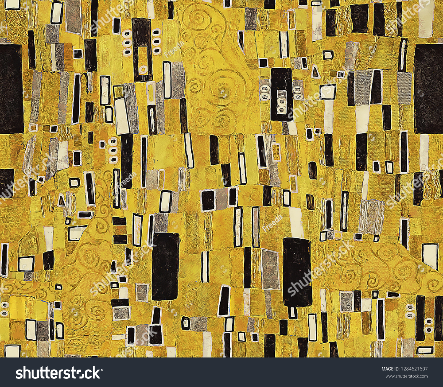 金色の背景に幾何学的な白黒の長方形の模様と渦巻き状の線を ウィーンの分離派の装飾 クリムト柄の様式でデジタル絵画 のイラスト素材