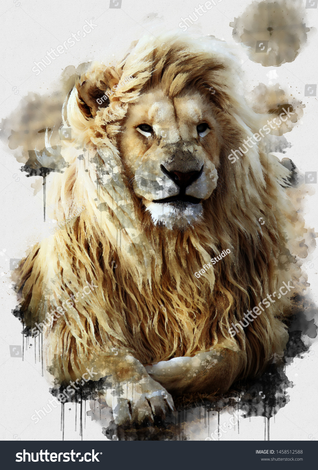 獅子水彩デジタル画 デジタルアート 暖かい日にくつろぐライオンの王様の美しい画像を描いた デジタル水彩画 茶色のライオンの絵 抽象的な動物の壁紙 の イラスト素材