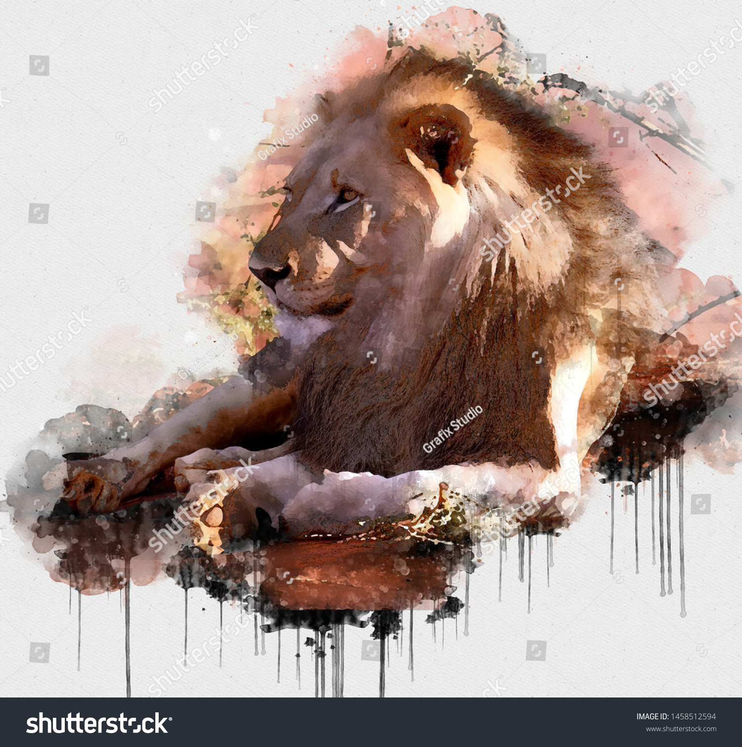 Digital Watercolor Painting Lion Digital Art Stock Illustration 1458512594