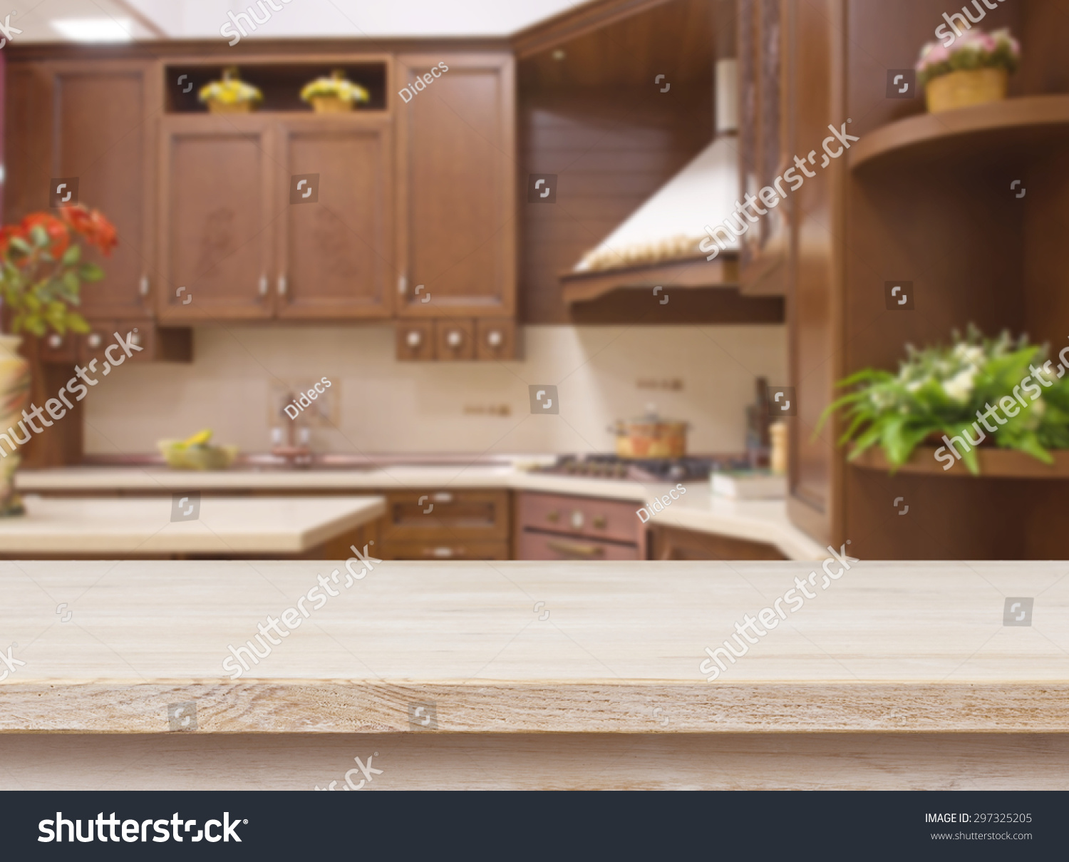 Dining Table On Blurred Brown Kitchen Stock Photo ...
