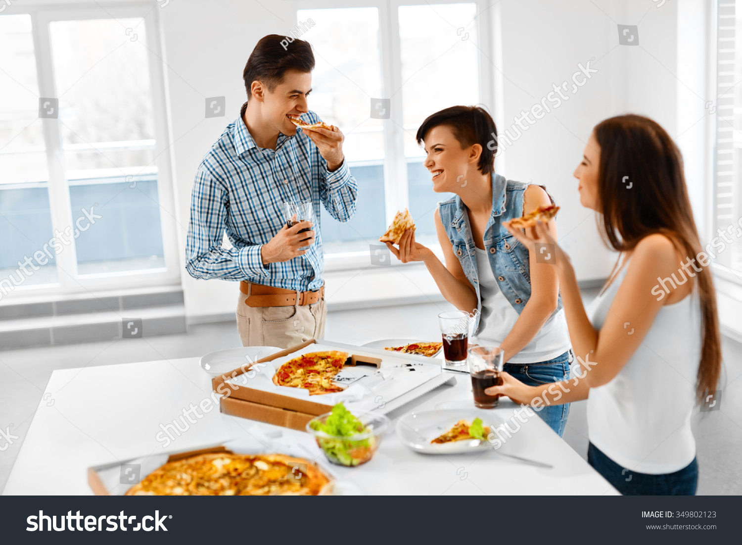 Dinner Party Happy Friends Eating Pizza Stock Photo Edit Now 349802123