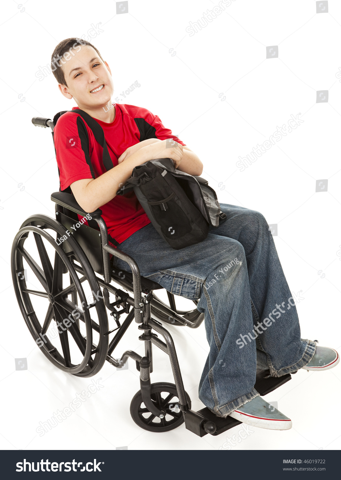 Disabled Teen Boy In His Wheelchair With His Backpack. Full Body ...