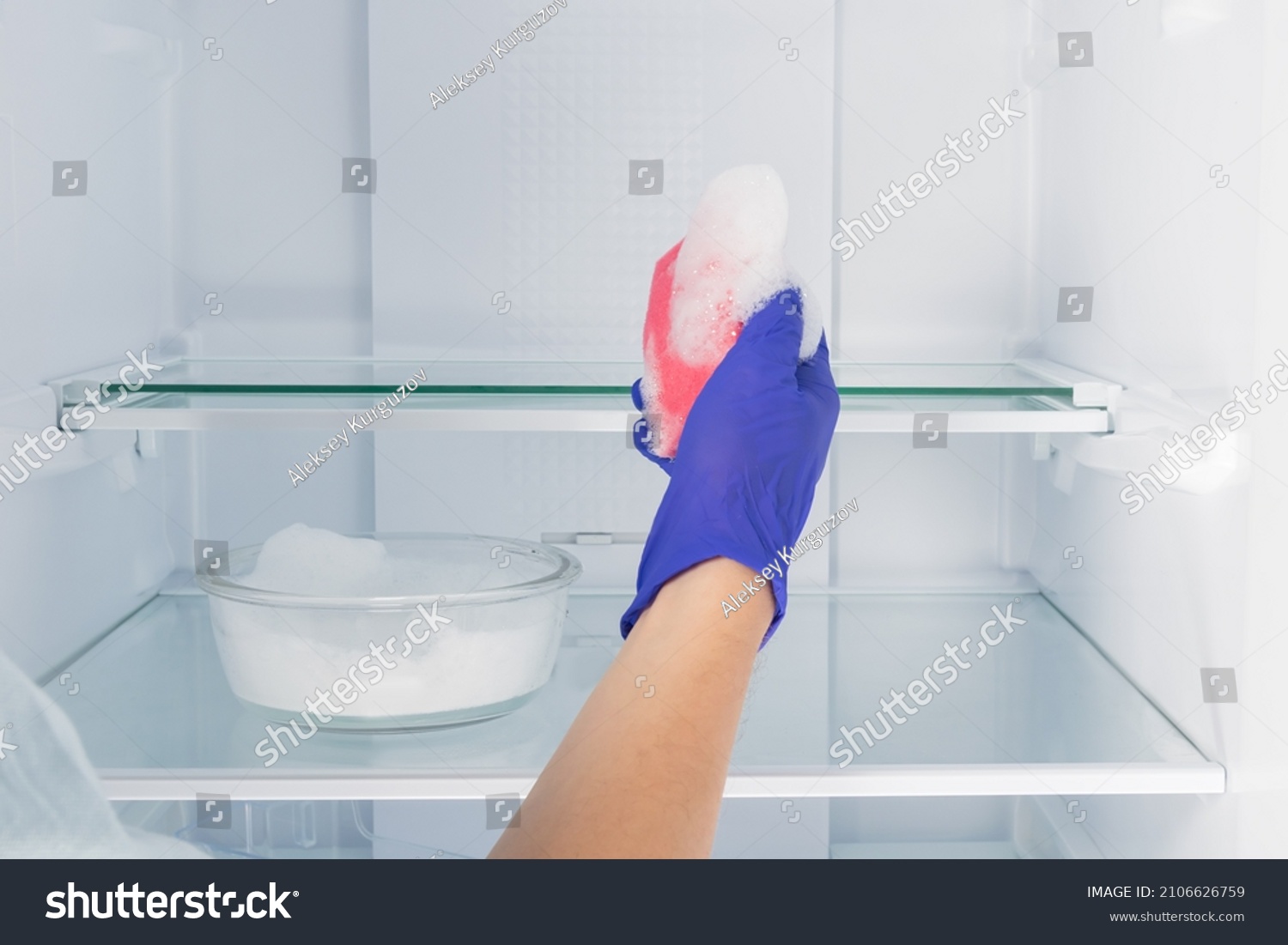 Disinfection Cleaning Inside Refrigerator Soapy Water Stock Photo   Stock Photo Disinfection And Cleaning Inside The Refrigerator With Soapy Water 2106626759 