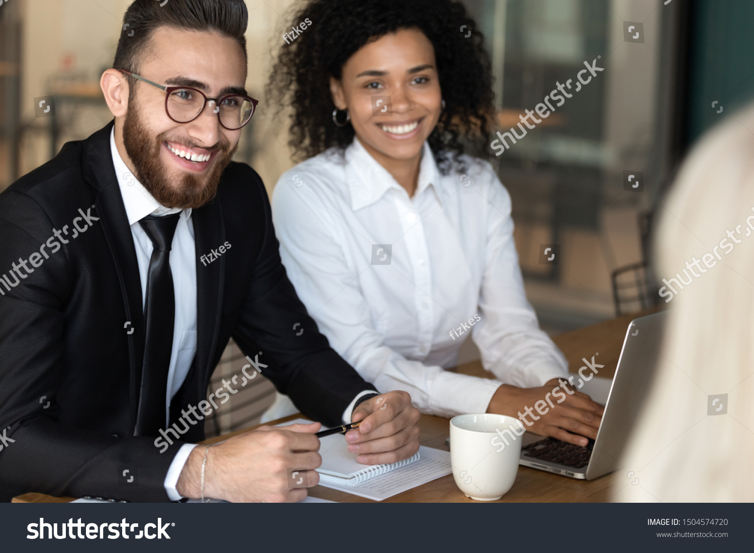 Diverse People Sit Desk Negotiates Focus Stock Photo Edit Now