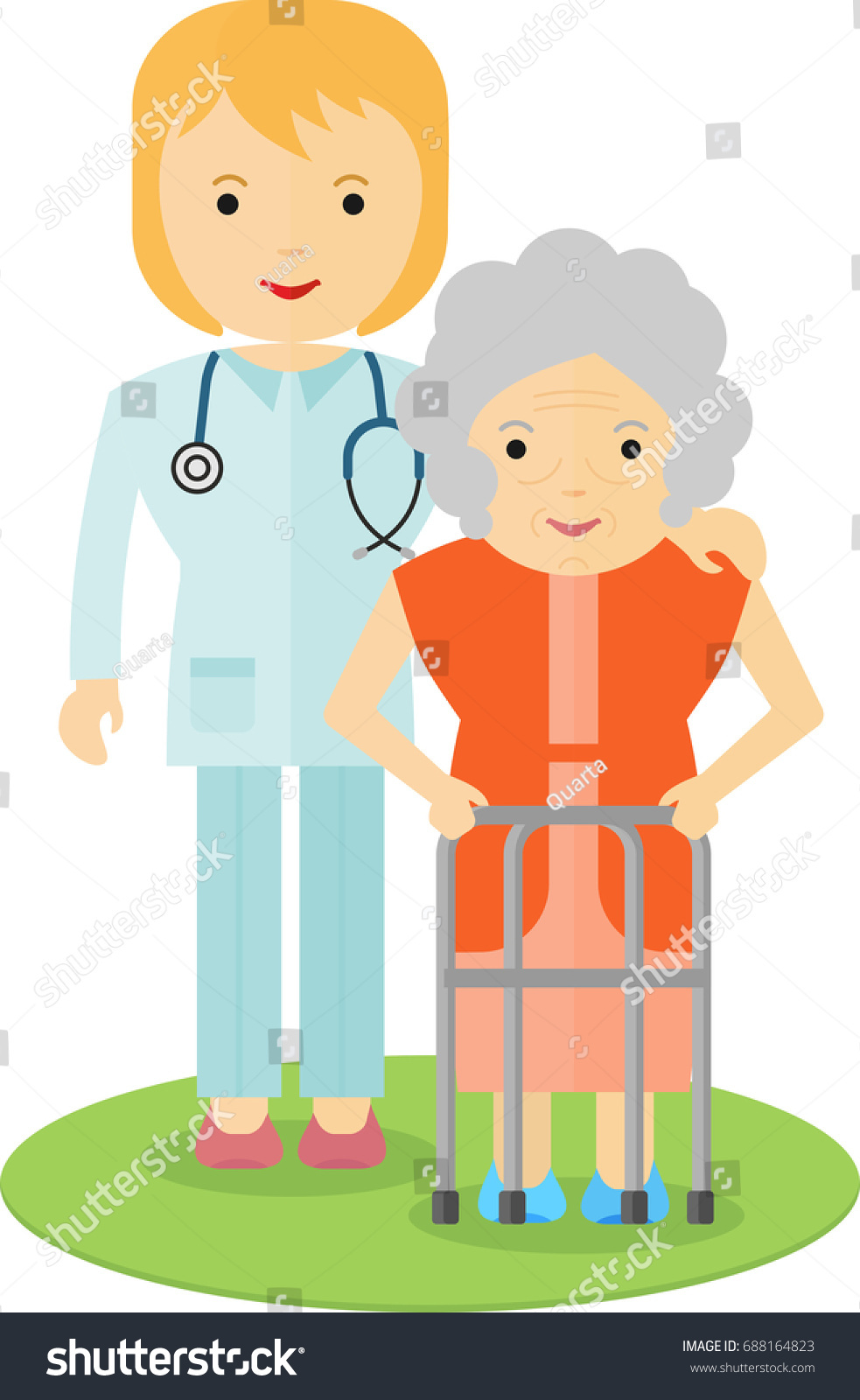 Doctor Helping Elderly Woman Walk Caring Stock Illustration 688164823 ...